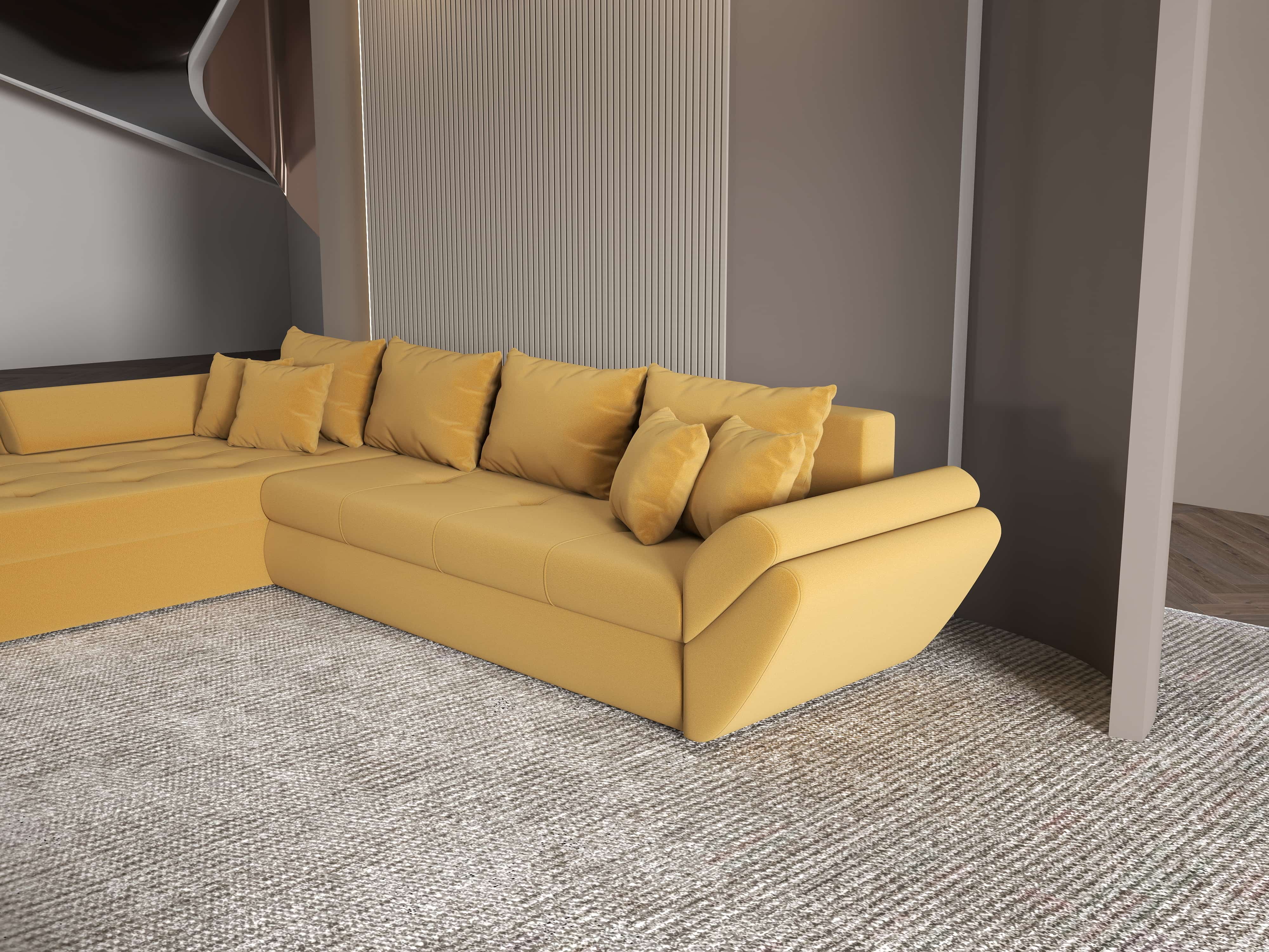 Colțar extensibil dumonde cu ladă de depozitare si sezut confortabil din spuma HR, Loana XL Royal Mustar 335x185 cm Fabrica