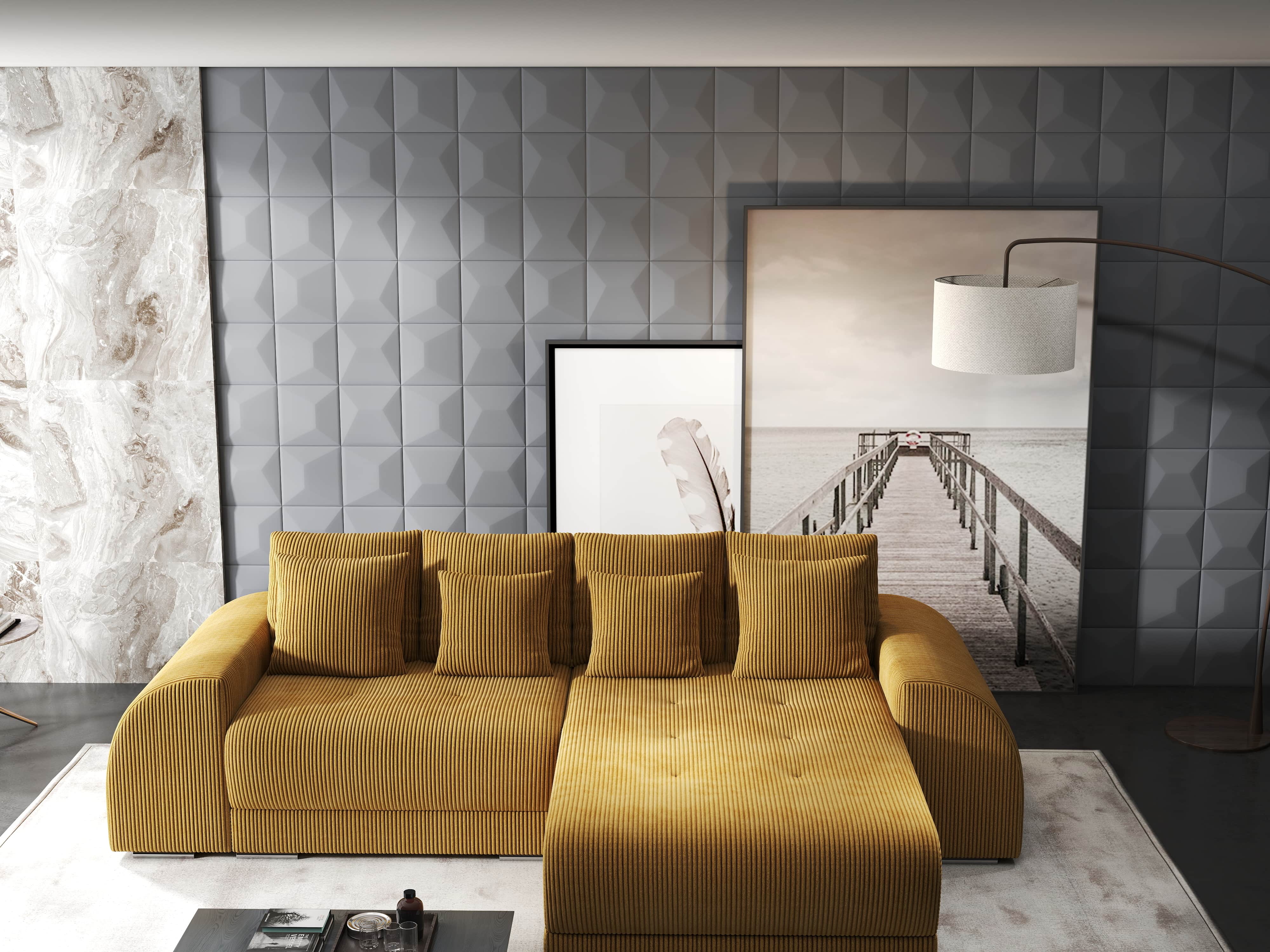 Colțar extensibil dumonde cu ladă de depozitare si sezut confortabil din spuma HR, Verona Zoom Mustar II 290x185 cm Fabrica