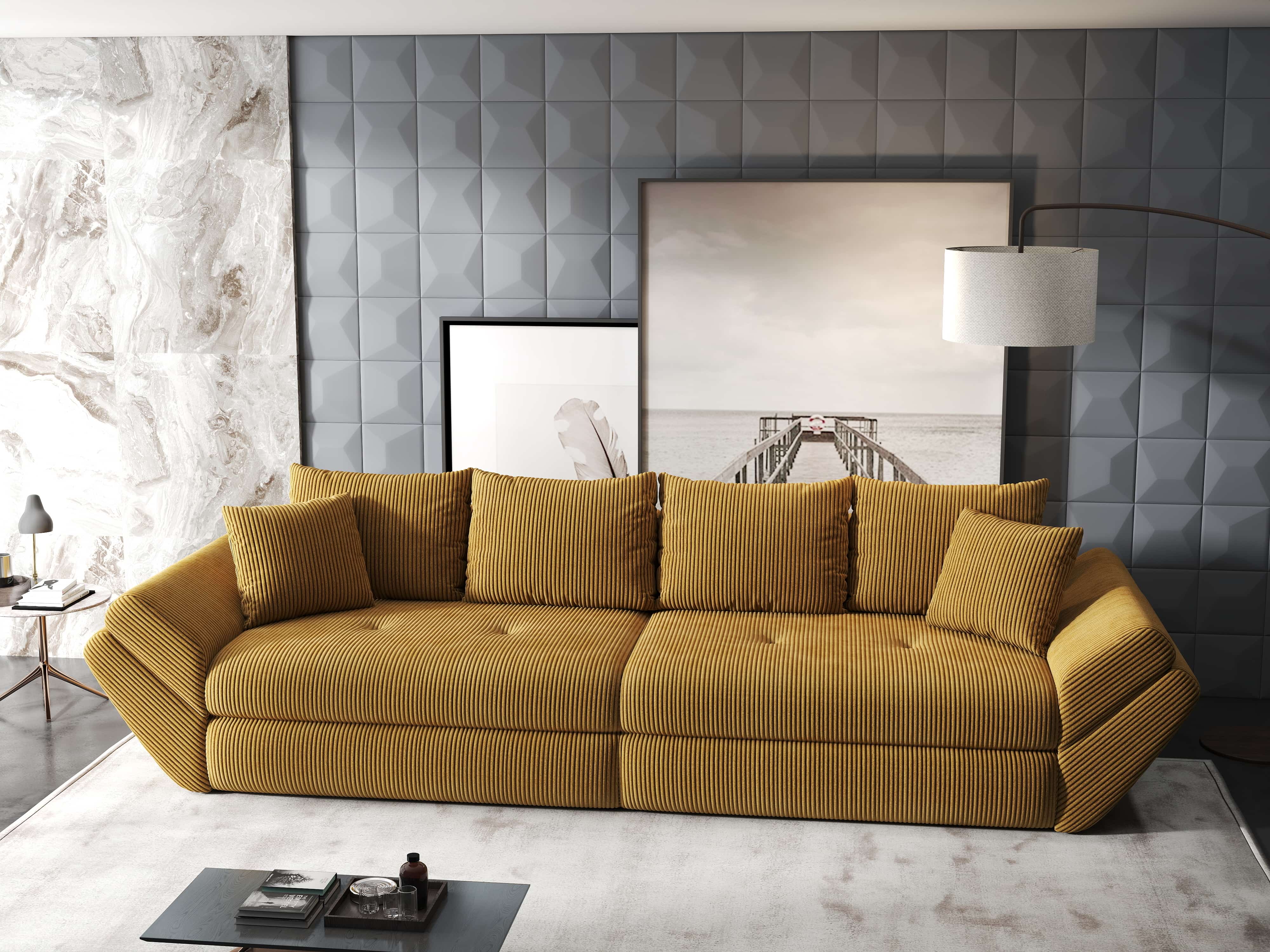 Canapea extensibilă dumonde cu ladă de depozitare si sezut confortabil din spuma HR, Loana Zoom Mustar 300x100 cm Fabrica