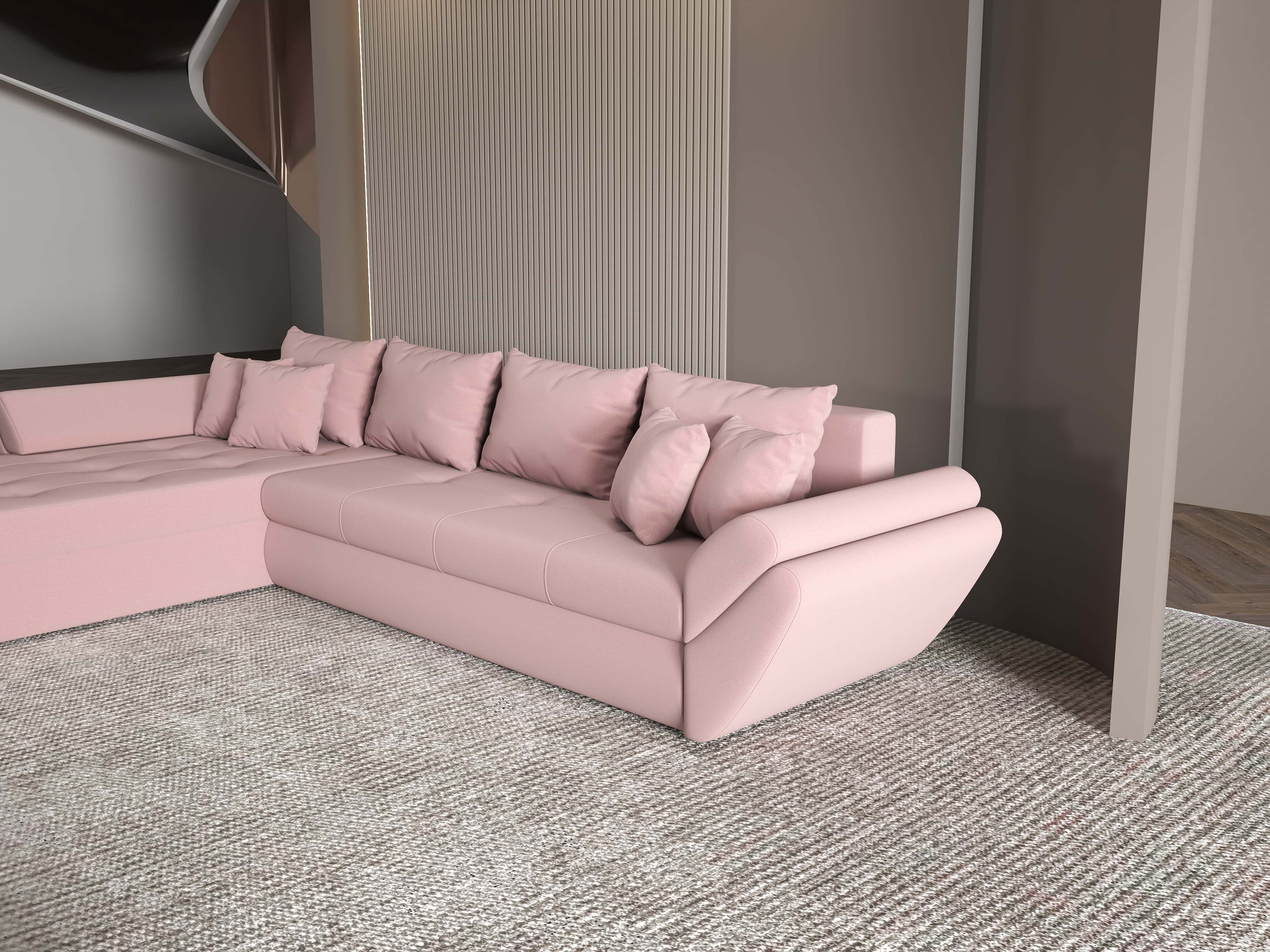 Colțar extensibil dumonde cu ladă de depozitare si sezut confortabil din spuma HR, Loana XL Royal Roz 335x185 cm Fabrica