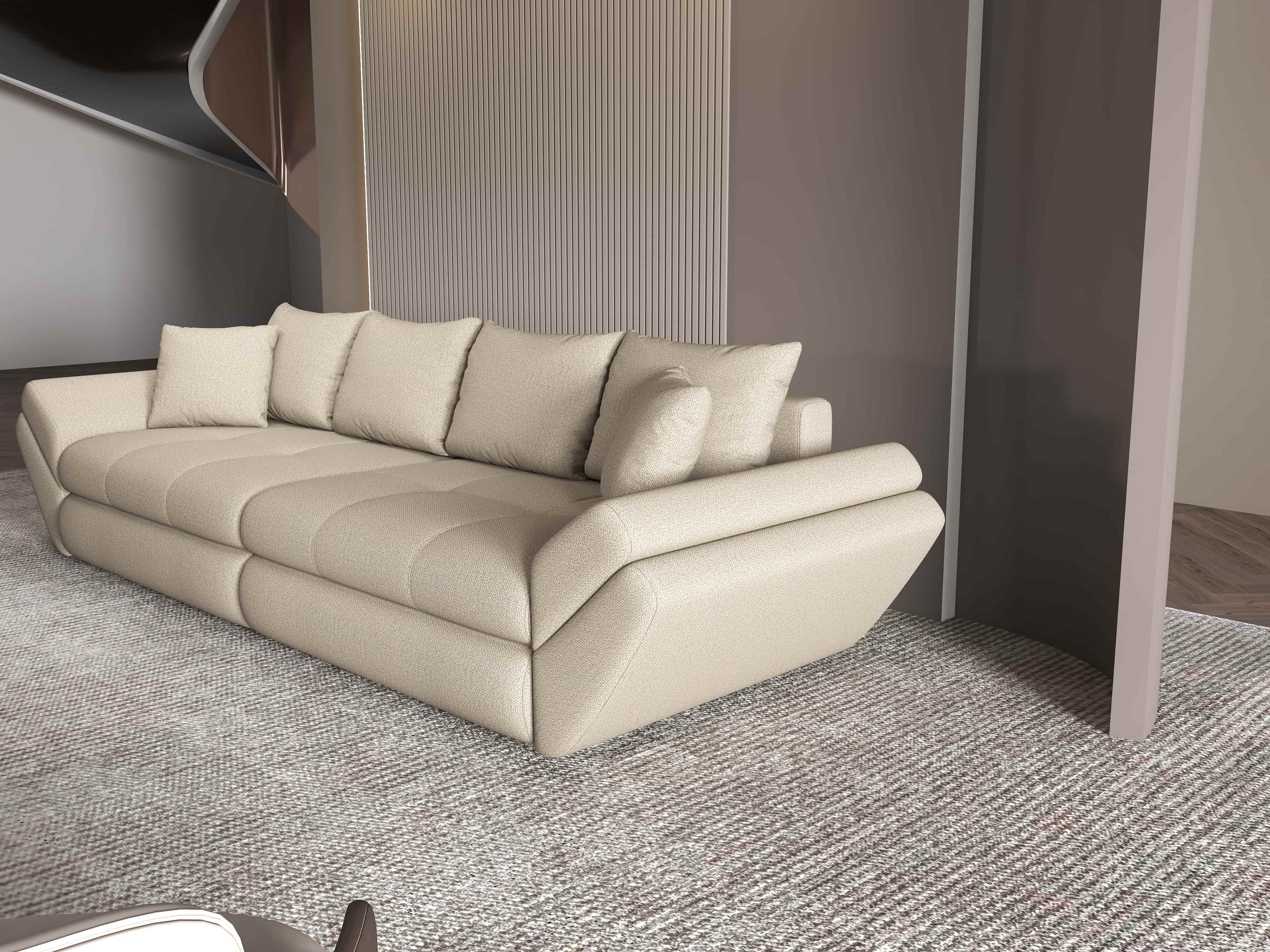 Canapea extensibilă dumonde cu ladă de depozitare si sezut confortabil din spuma HR, Loana Enjoy Camel 300x100 cm Fabrica