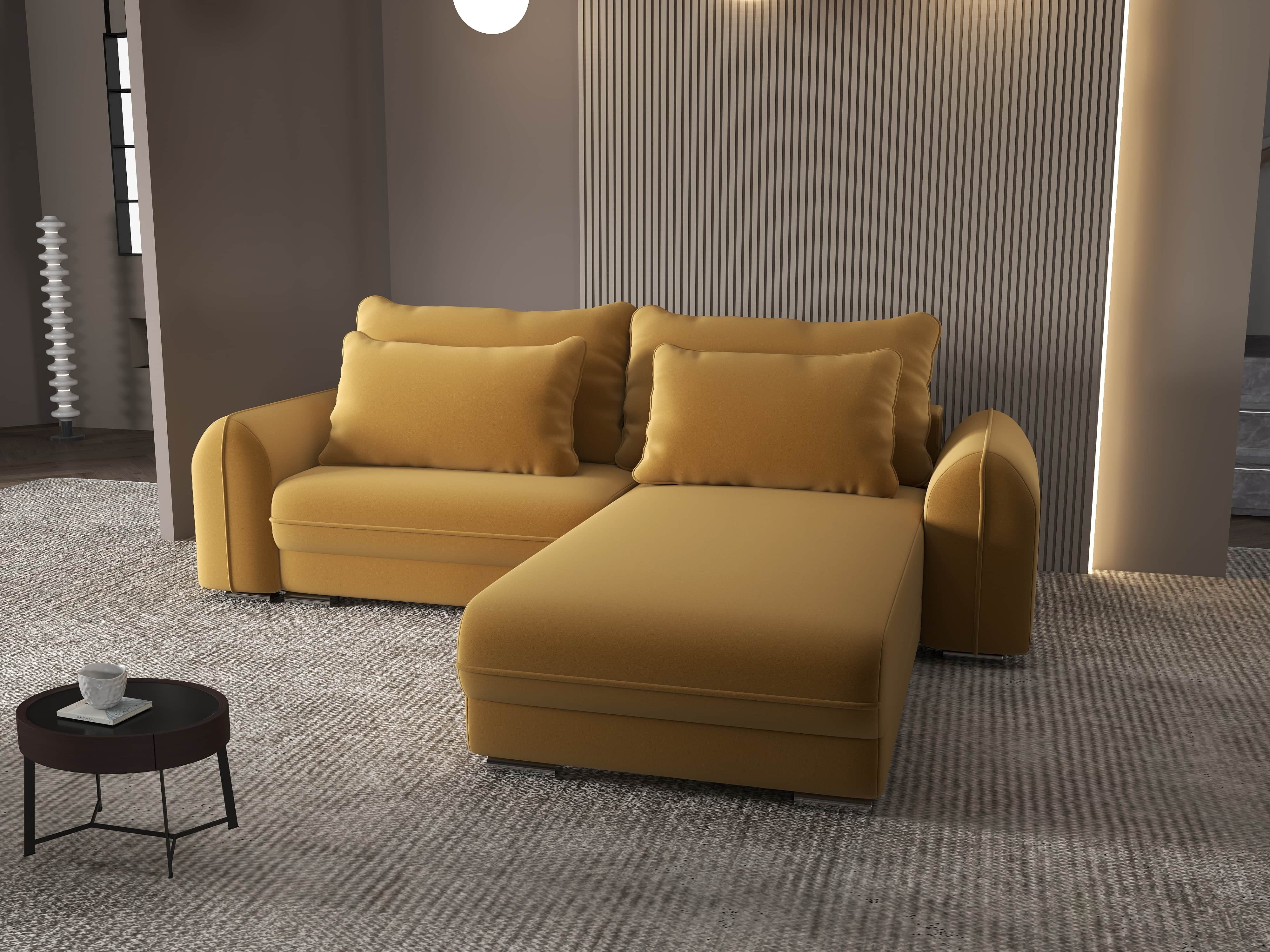 Colțar extensibil dumonde cu ladă de depozitare si sezut confortabil din spuma HR, Denver Royal Mustar 275x185 cm II Fabrica