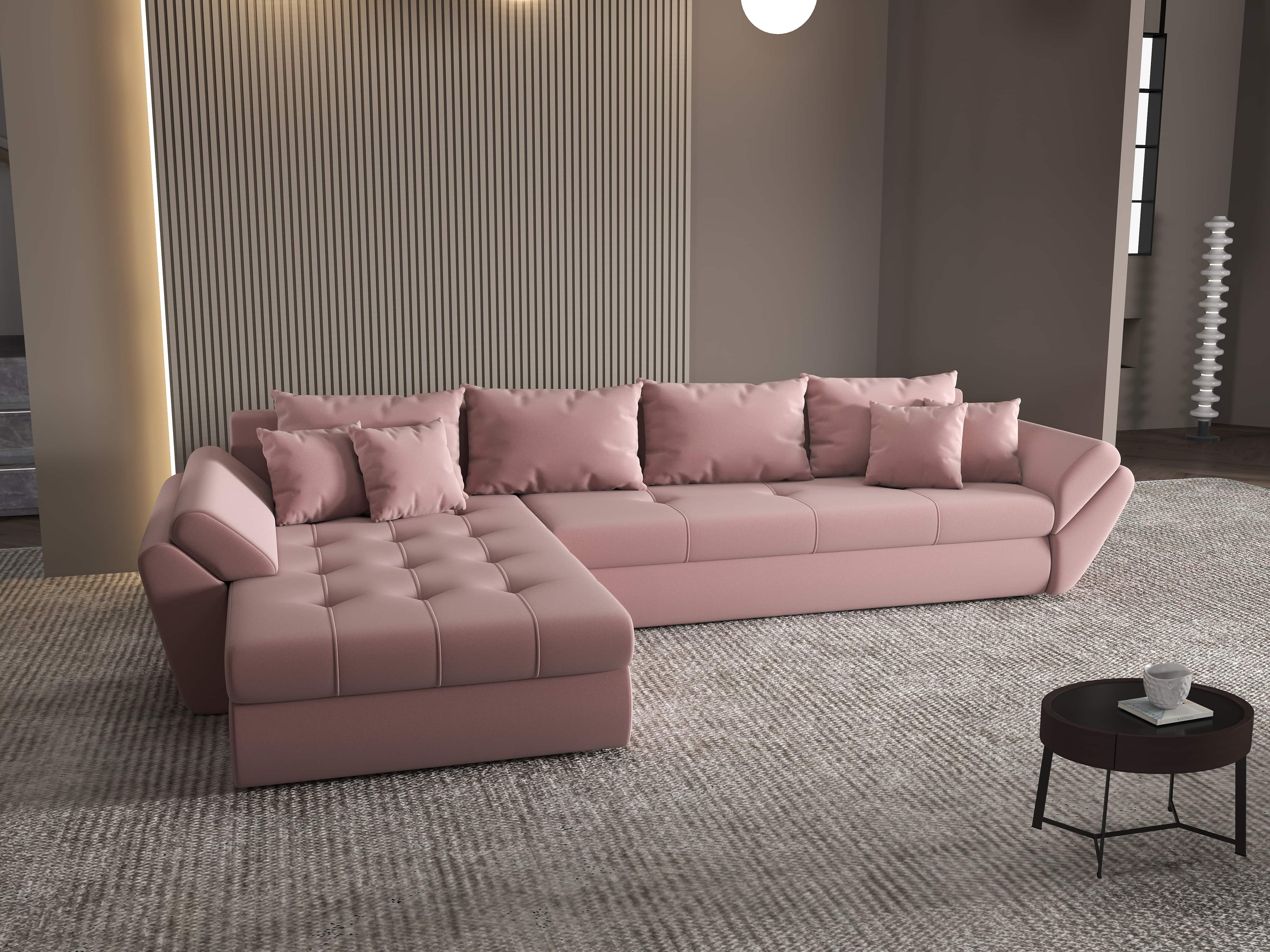 Colțar extensibil dumonde cu ladă de depozitare si sezut confortabil din spuma HR, Loana XL Royal Roz 335x185 cm Fabrica