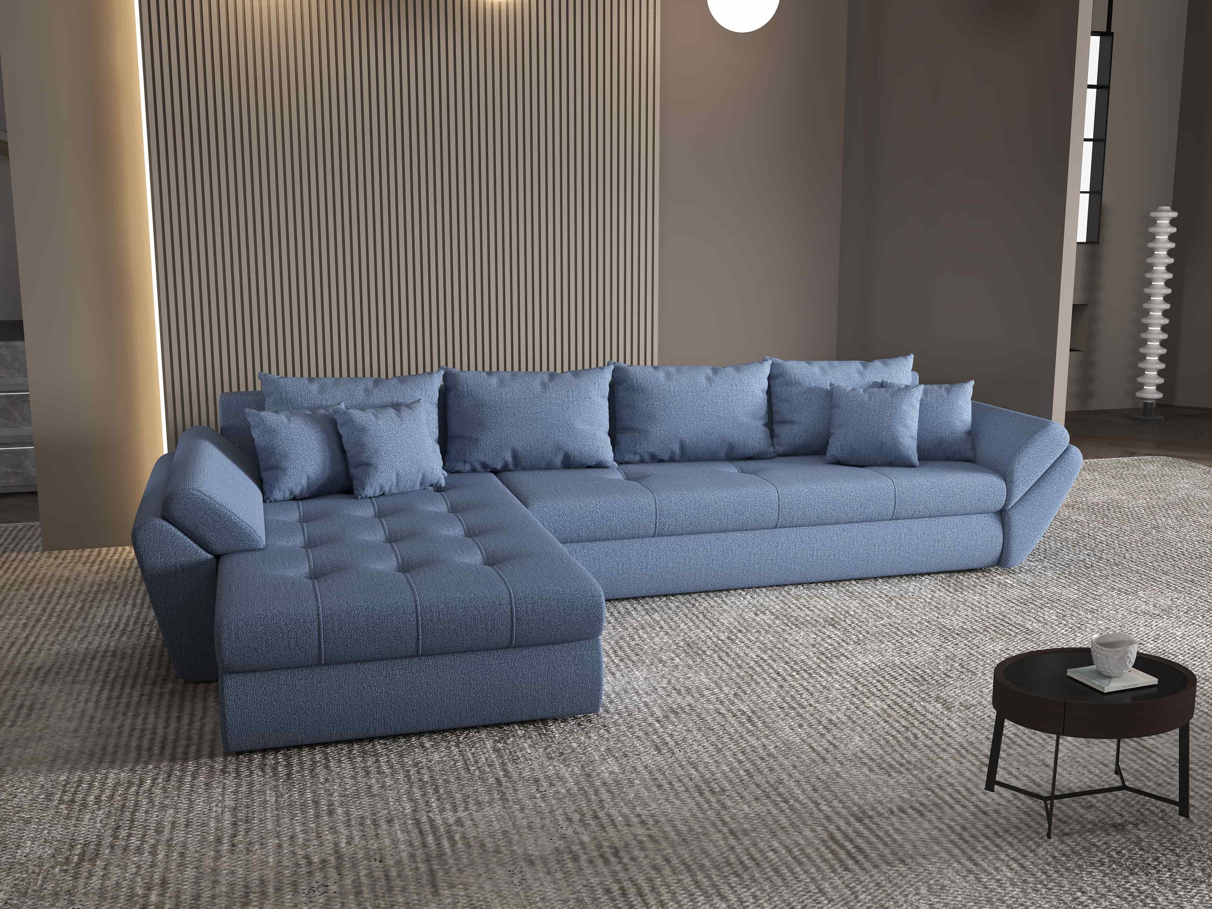 Colțar extensibil dumonde cu ladă de depozitare si sezut confortabil din spuma HR, Loana XL Enjoy Albastru 335x185 cm Fabrica