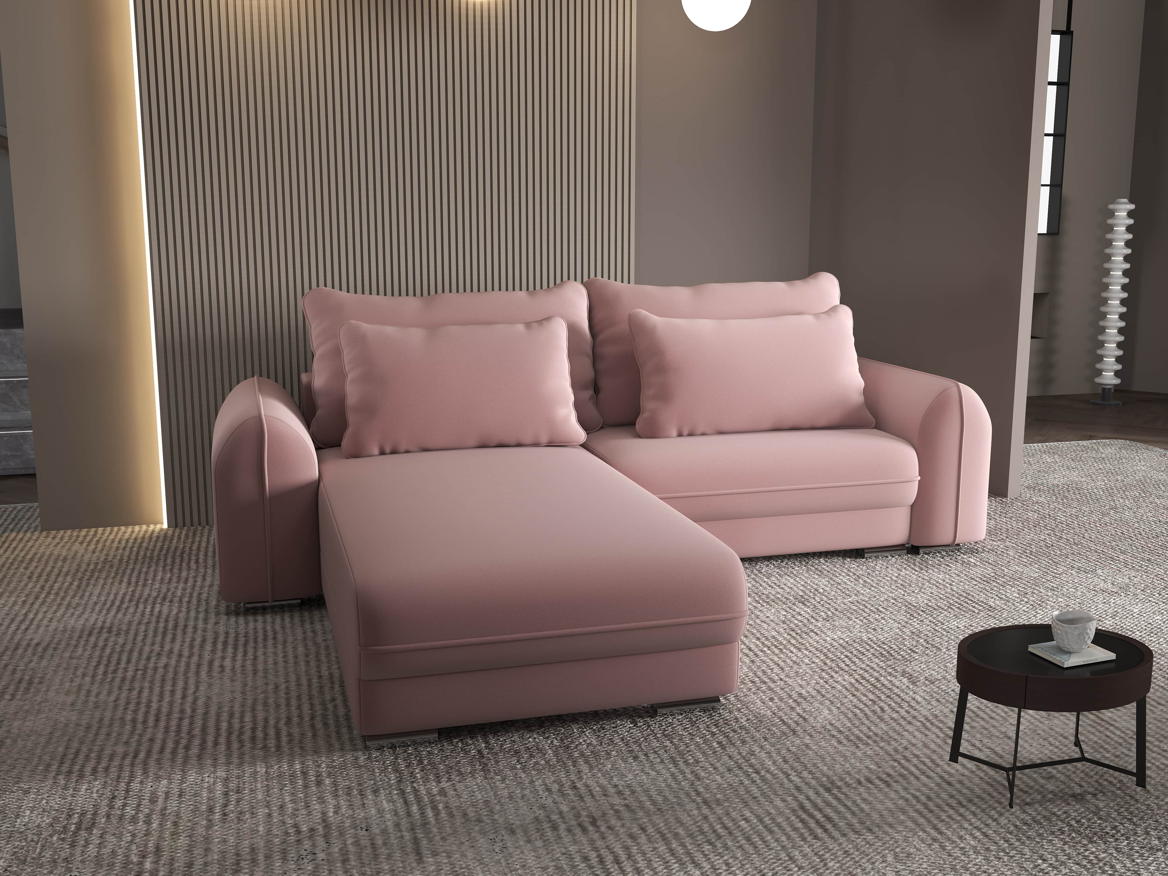 Colțar extensibil dumonde cu ladă de depozitare si sezut confortabil din spuma HR, Denver Royal Roz 275x185 cm Fabrica