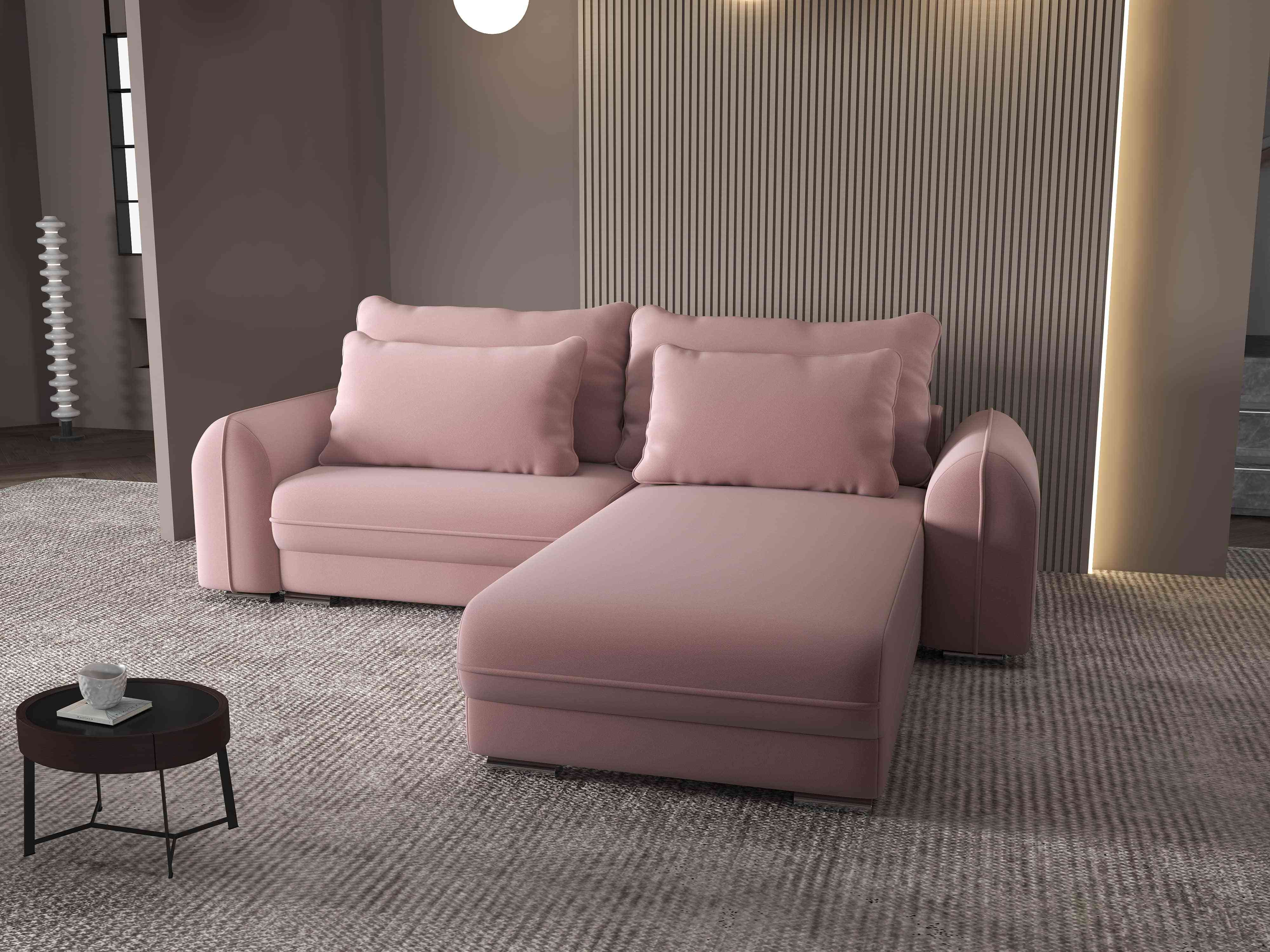 Colțar extensibil dumonde cu ladă de depozitare si sezut confortabil din spuma HR, Denver Royal Roz 275x185 cm II Fabrica