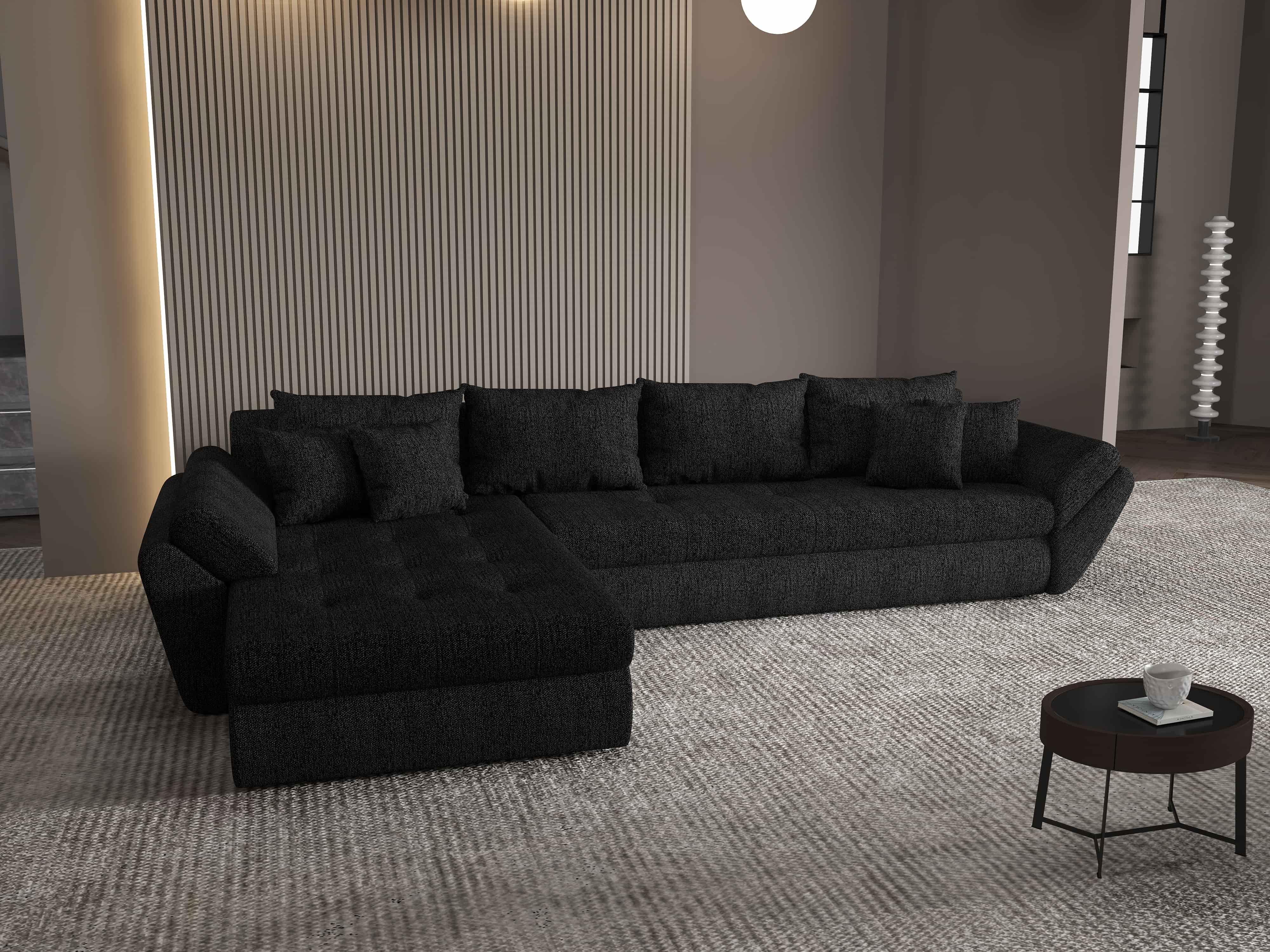 Colțar extensibil dumonde cu ladă de depozitare si sezut confortabil din spuma HR, Loana XL Enjoy Negru 335x185 cm Fabrica