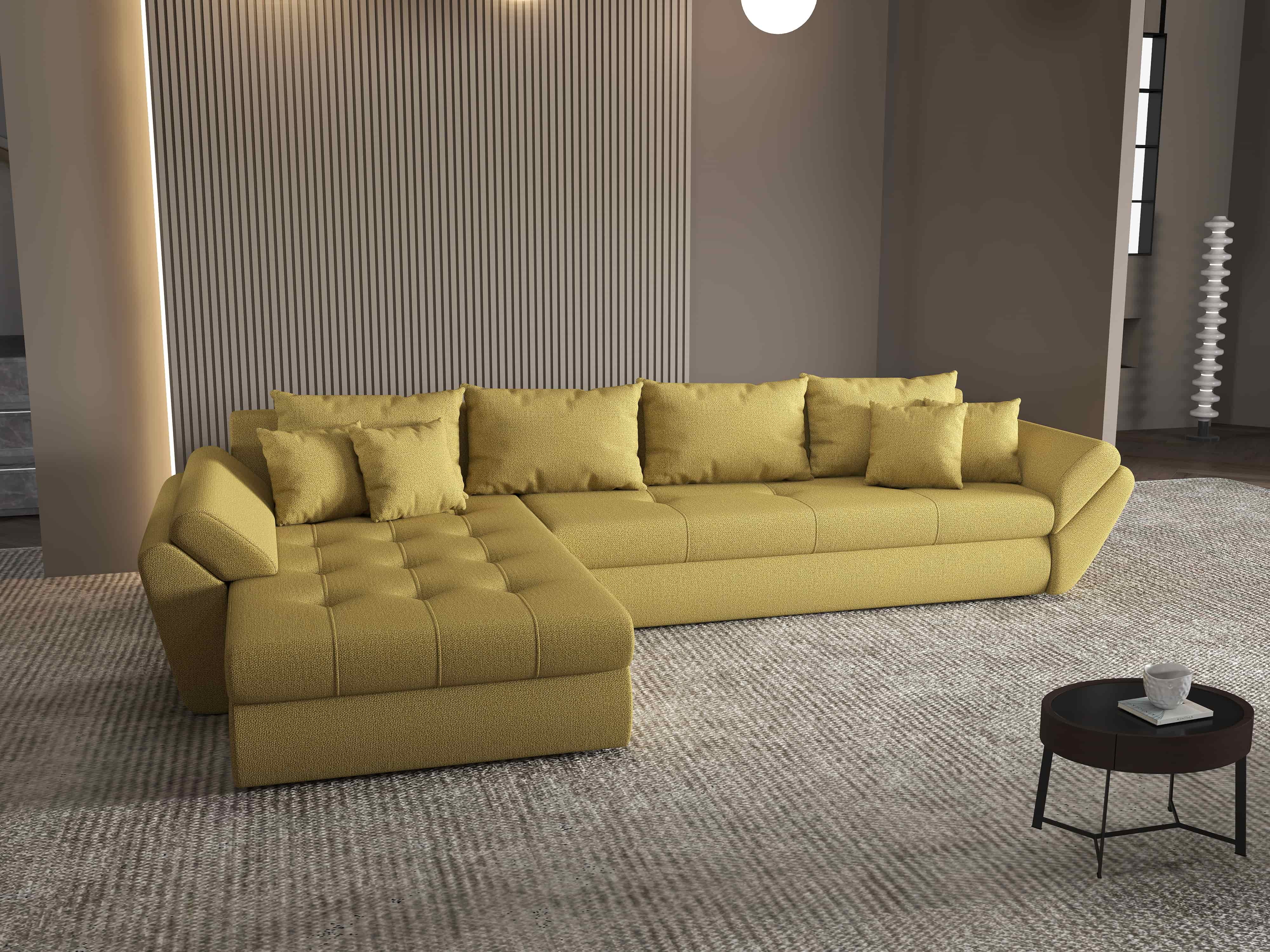 Colțar extensibil dumonde cu ladă de depozitare si sezut confortabil din spuma HR, Loana XL Enjoy Melon 335x185 cm Fabrica