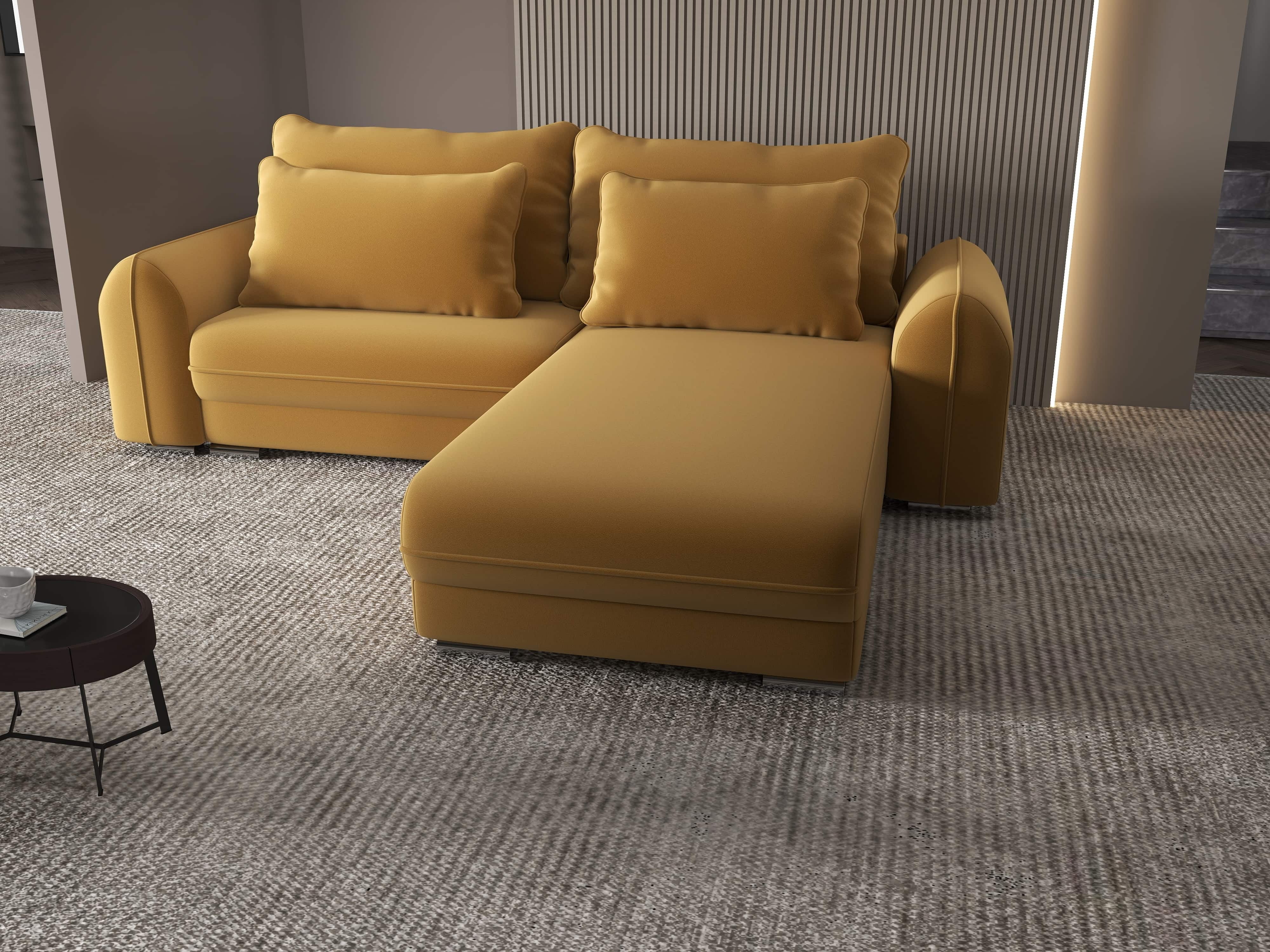 Colțar extensibil dumonde cu ladă de depozitare si sezut confortabil din spuma HR, Denver Royal Mustar 275x185 cm II Fabrica