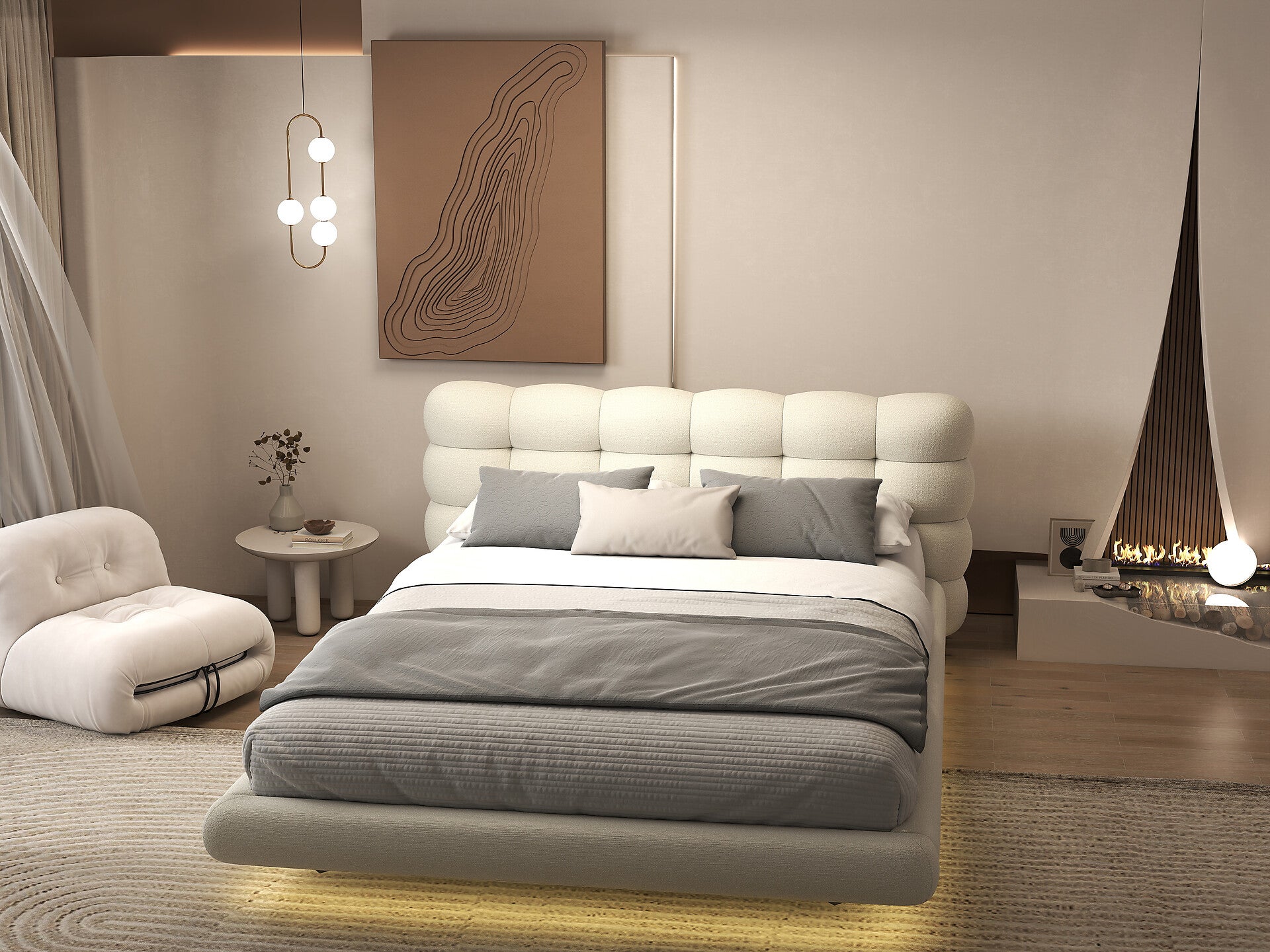 Pat dormitor dumonde, tapitat alb cu LED, "floating bed" Cloud 160x200 cm, somiera inclusa