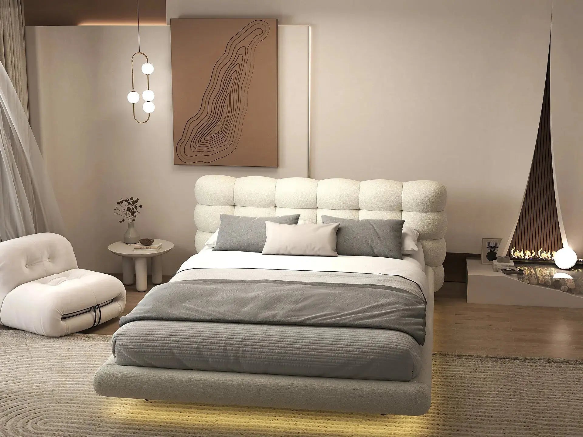 Pat dormitor dumonde, tapitat gri cu LED, "floating bed" Cloud 180x200 cm, somiera inclusa WLS