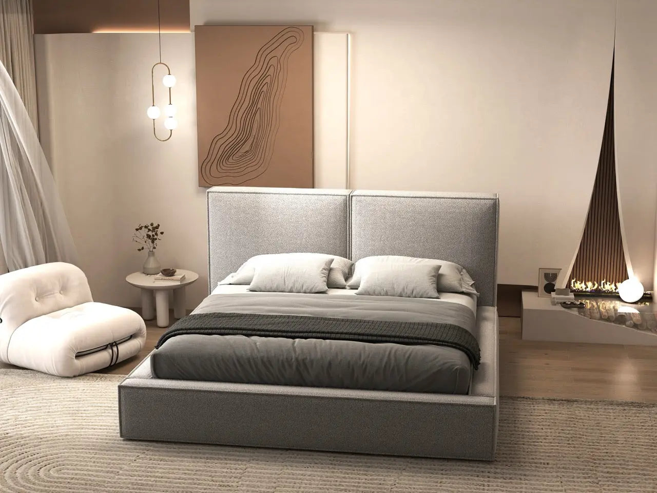 Pat dormitor dumonde, tapitat gri, Dreamer 160x200 cm, somiera rabatabila inclusa, spatiu depozitare WLS
