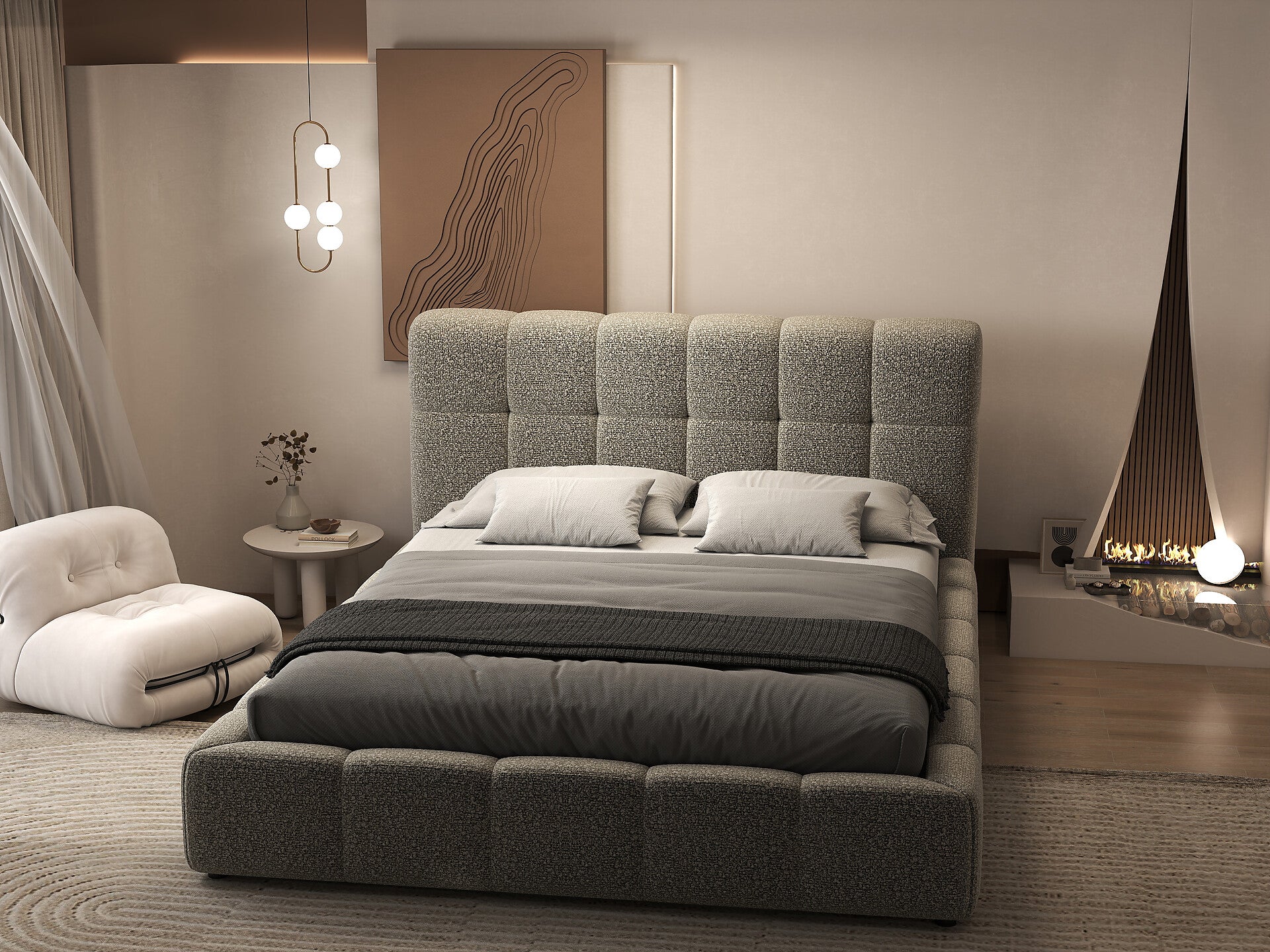 Pat dormitor dumonde, tapitat gri, Lorenzo 140x200 cm, somiera rabatabila inclusa, spatiu depozitare