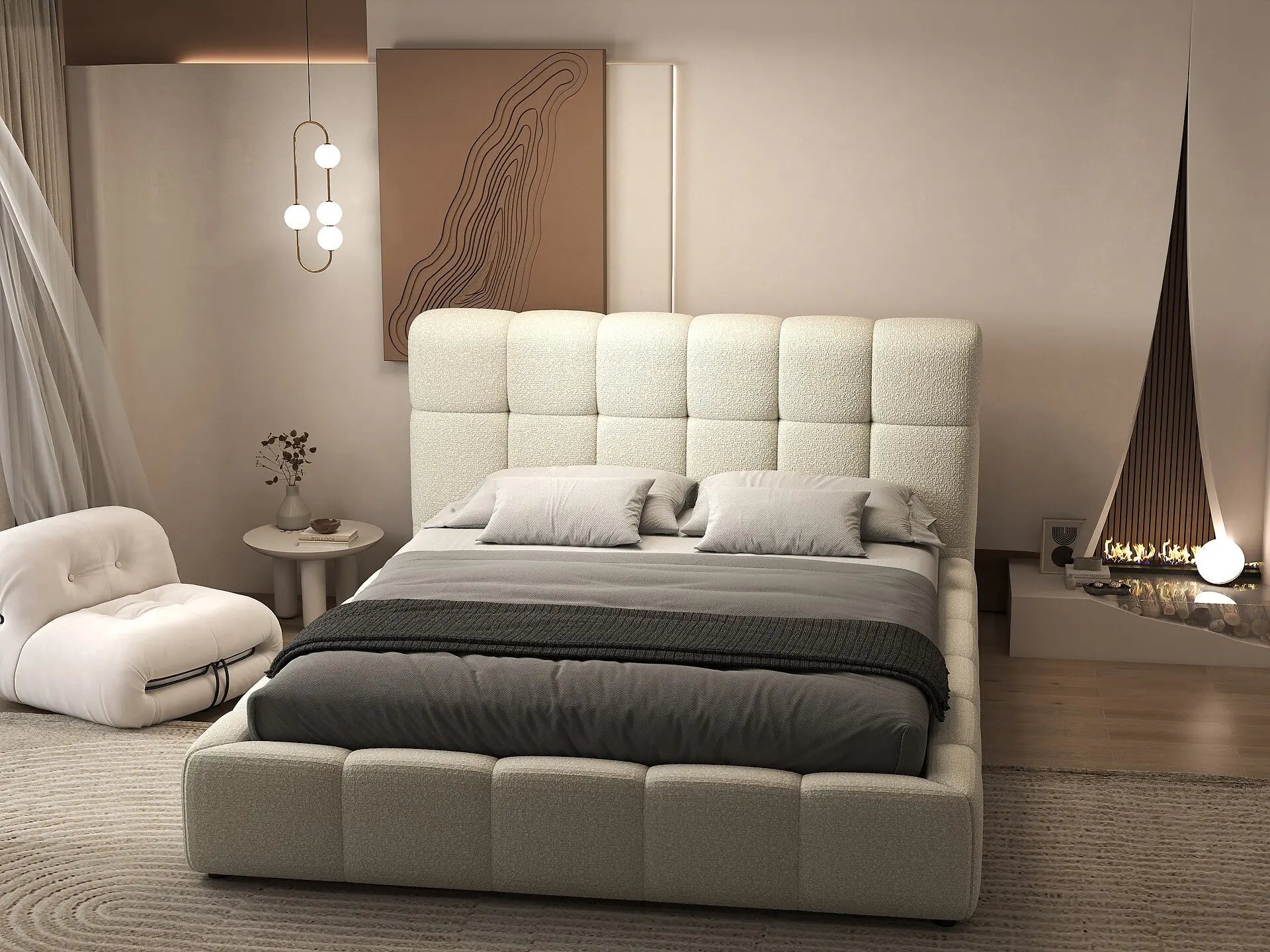 Pat dormitor dumonde, tapitat bej, Lorenzo 160x200 cm, somiera rabatabila inclusa, spatiu depozitare WLS