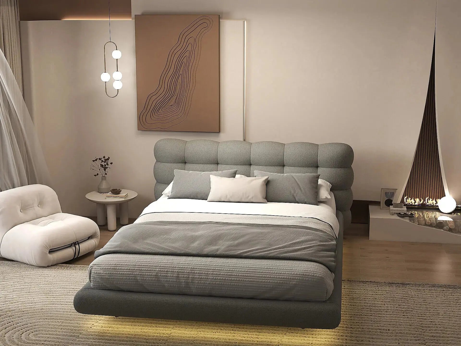 Pat dormitor dumonde, tapitat gri cu LED, "floating bed" Cloud 160x200 cm, somiera inclusa WLS
