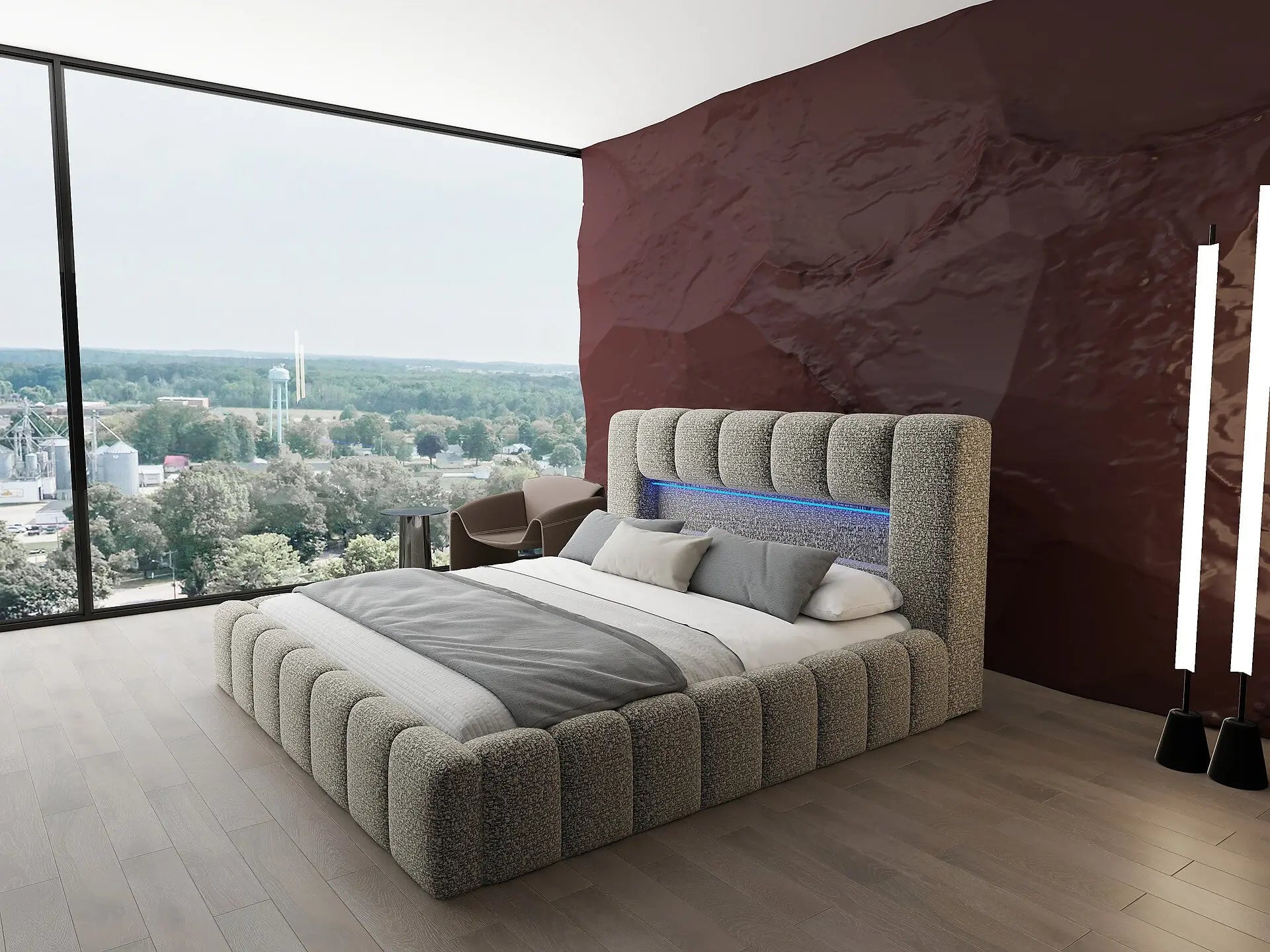 Pat dormitor dumonde, tapitat bej cu LED si USB, Palermo 160x200 cm, somiera rabatabila inclusa, spatiu depozitare WLS