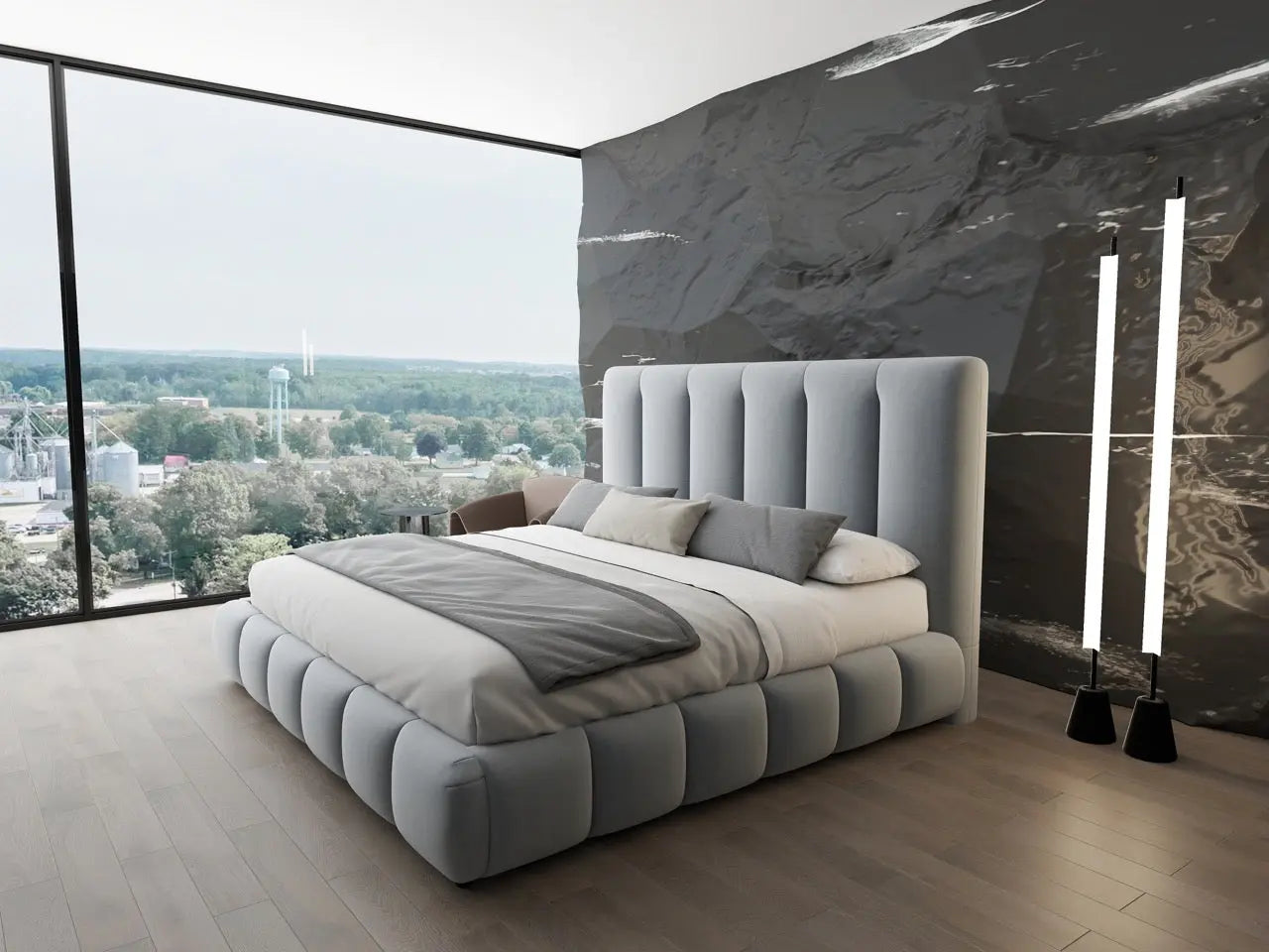 Pat dormitor dumonde, tapitat gri, Divaneo 180x200 cm, somiera rabatabila inclusa, spatiu depozitare WLS