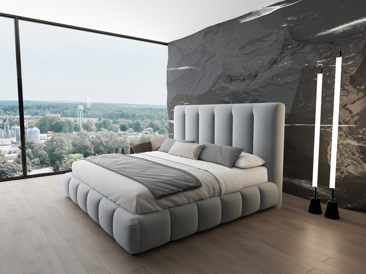 Pat dormitor dumonde, tapitat gri, Divaneo 140x200 cm, somiera rabatabila inclusa, spatiu depozitare