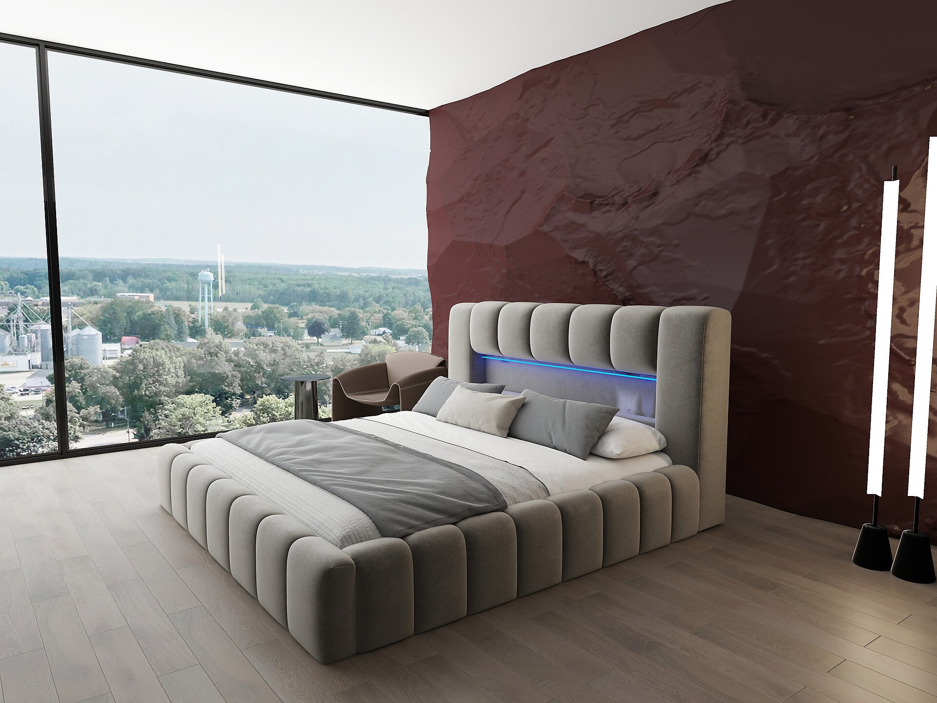 Pat dormitor dumonde, tapitat bej cu LED si USB, Palermo 140x200 cm, somiera rabatabila inclusa, spatiu depozitare