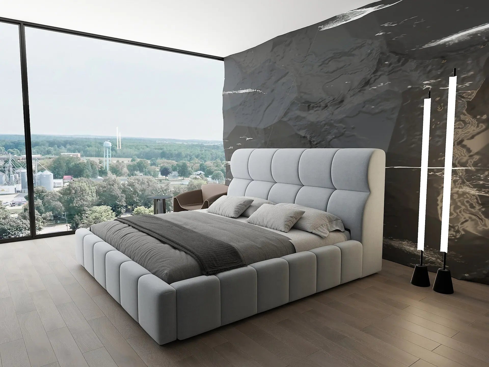 Pat dormitor dumonde, tapitat gri, Prestige 160x200 cm, somiera rabatabila inclusa, spatiu depozitare WLS