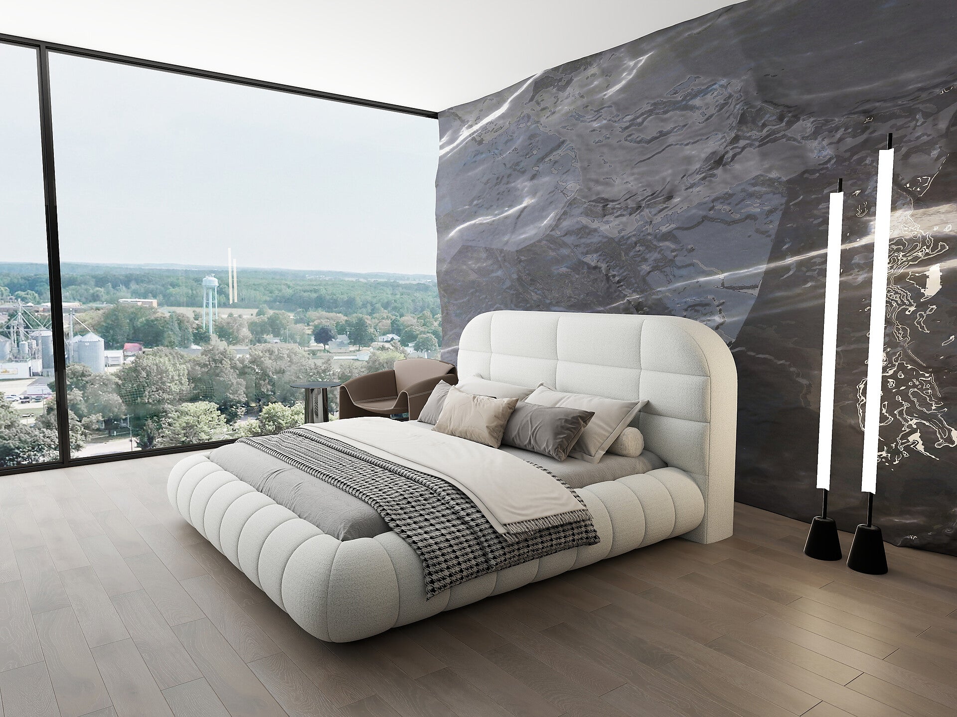 Pat dormitor dumonde, tapitat alb, Senso 160x200 cm, somiera rabatabila inclusa, spatiu depozitare