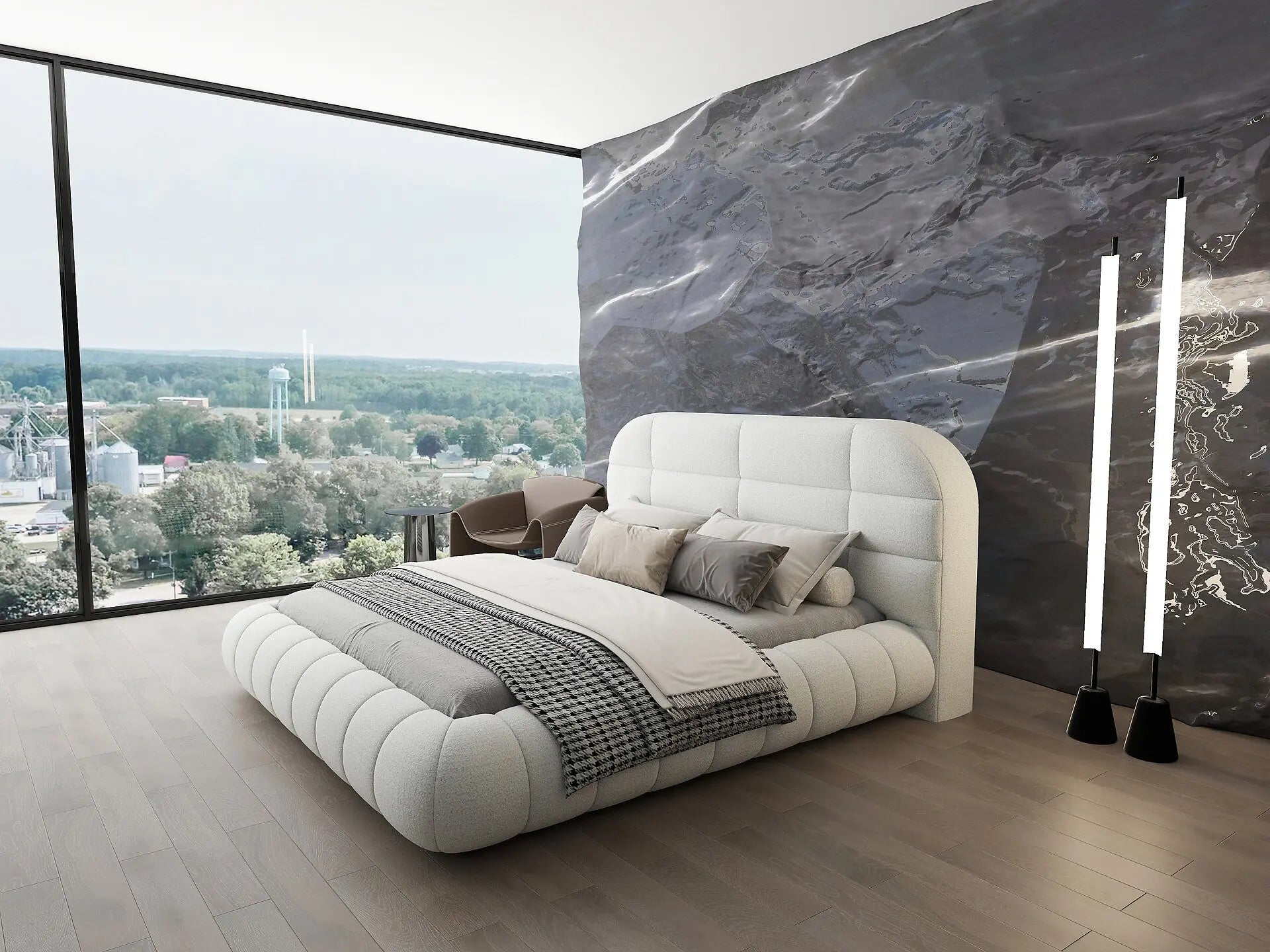 Pat dormitor dumonde, tapitat alb, Senso 160x200 cm, somiera rabatabila inclusa, spatiu depozitare WLS