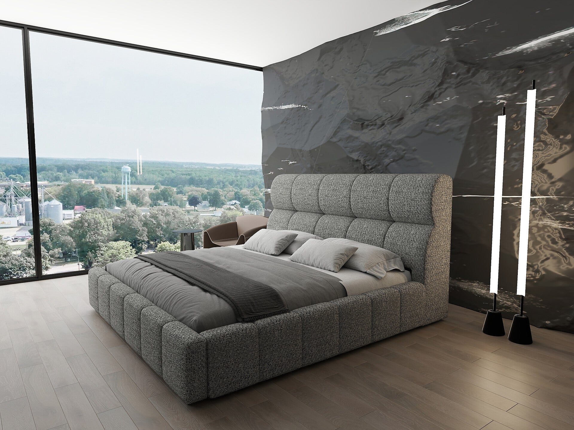 Pat dormitor dumonde, tapitat bej, Prestige 180x200 cm, somiera rabatabila inclusa, spatiu depozitare