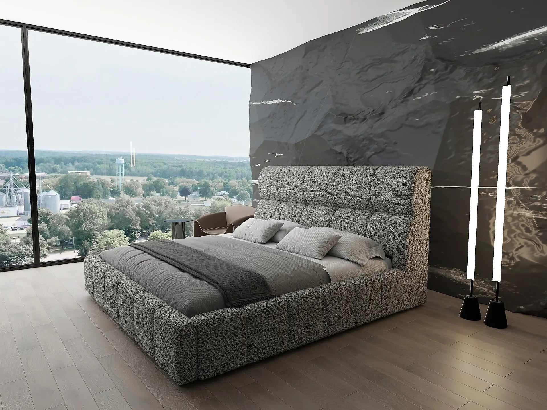 Pat dormitor dumonde, tapitat bej, Prestige 180x200 cm, somiera rabatabila inclusa, spatiu depozitare WLS