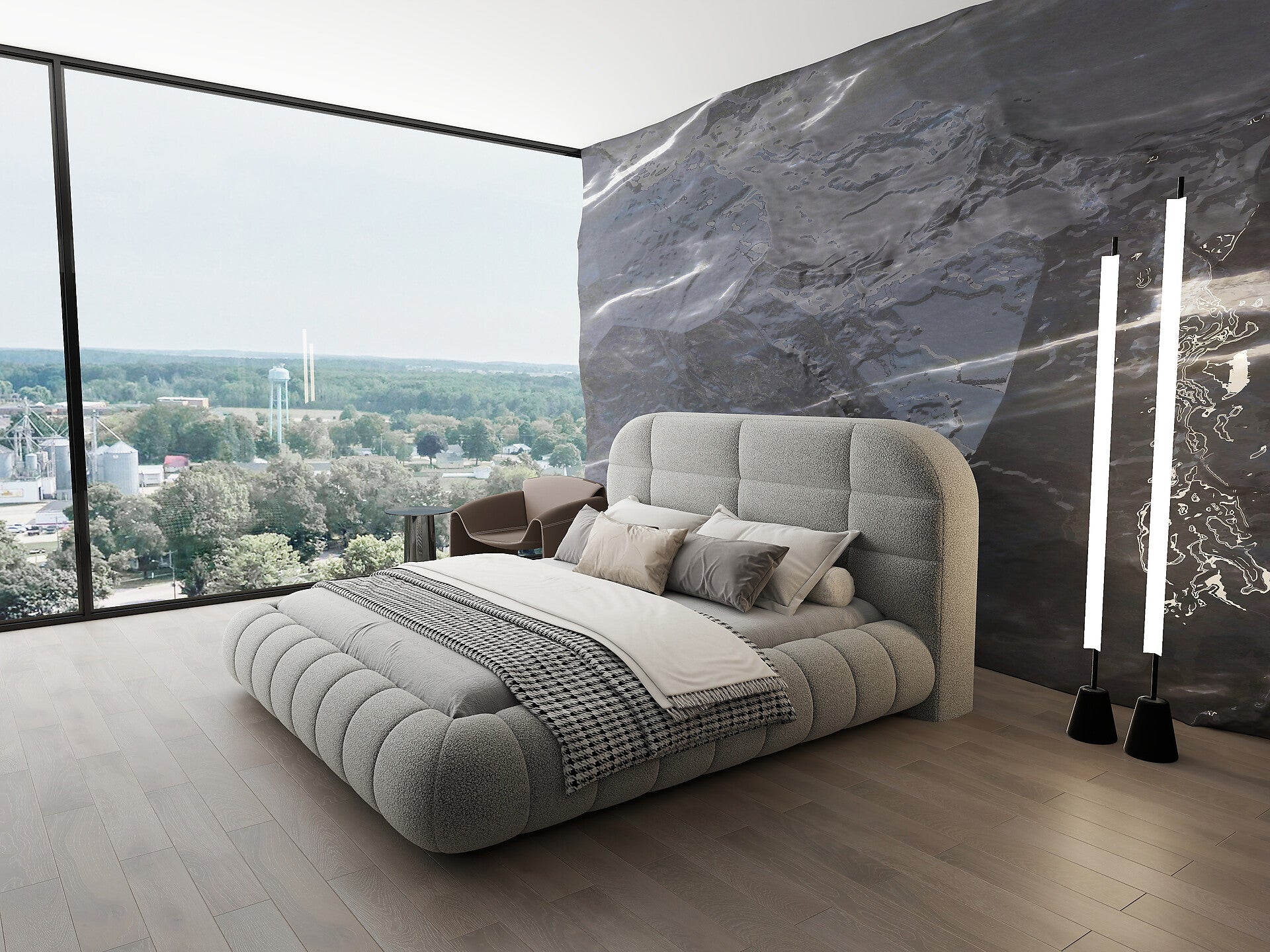 Pat dormitor dumonde, tapitat gri, Senso 160x200 cm, somiera rabatabila inclusa, spatiu depozitare