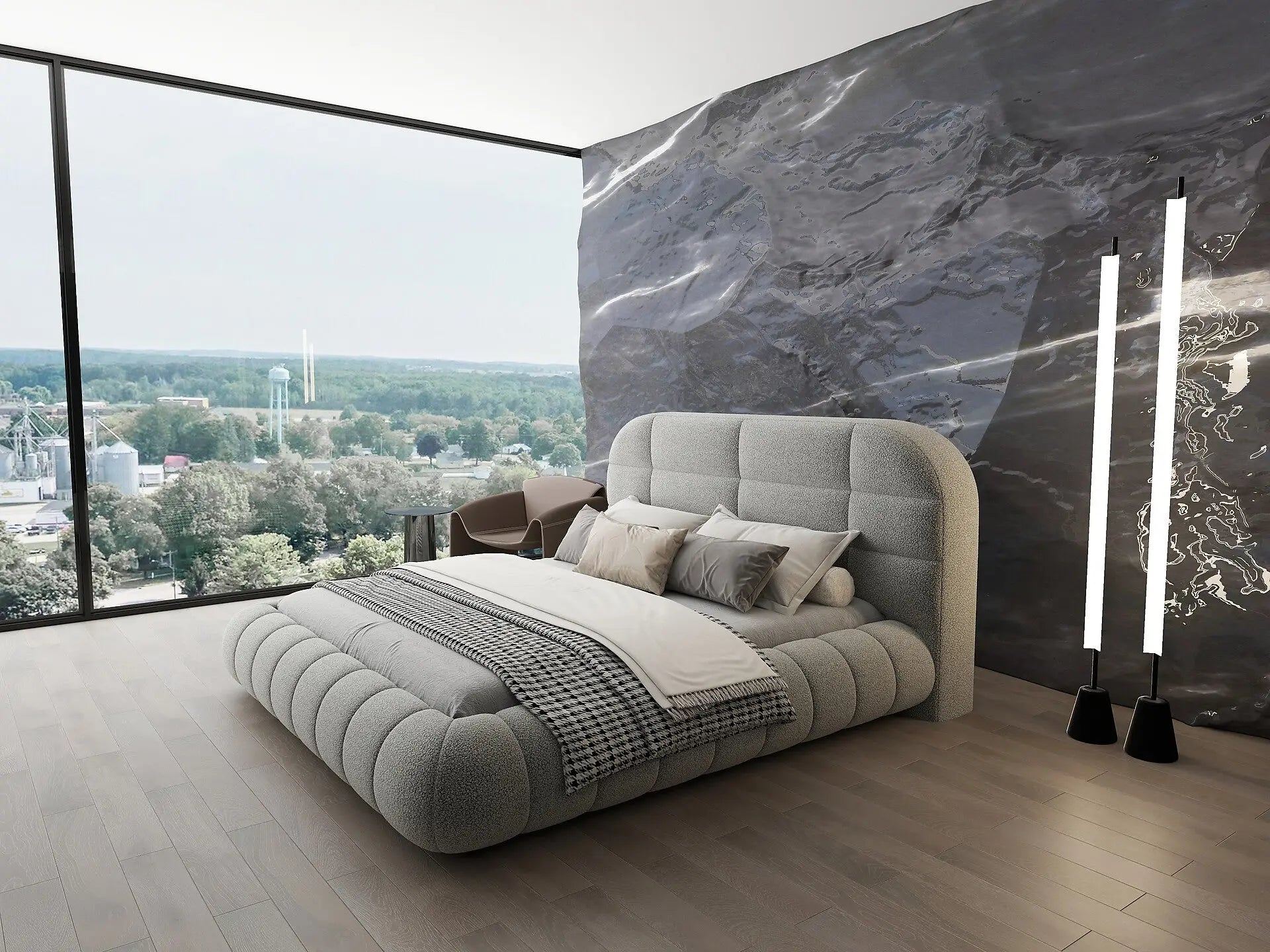 Pat dormitor dumonde, tapitat gri, Senso 160x200 cm, somiera rabatabila inclusa, spatiu depozitare WLS