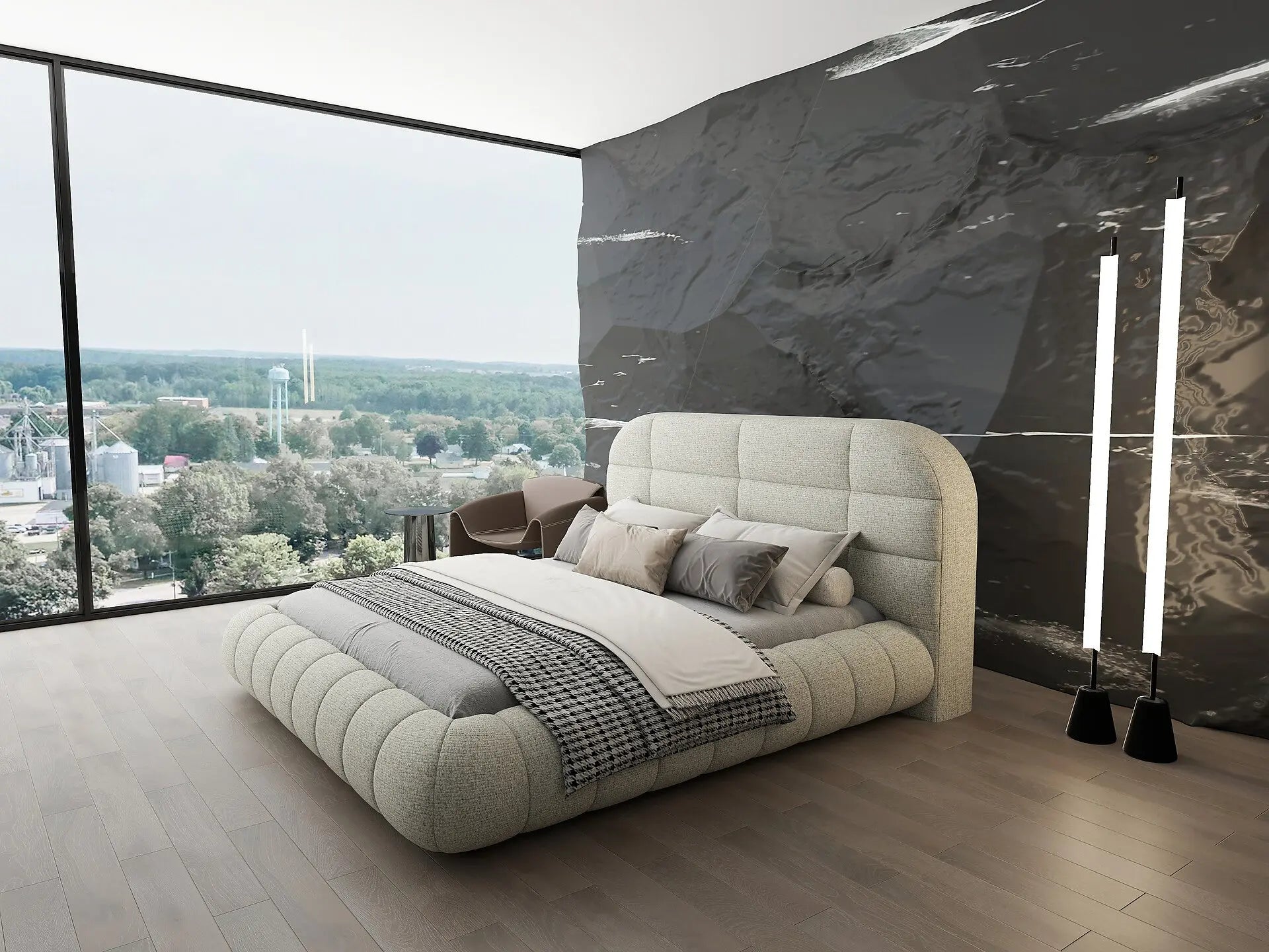 Pat dormitor dumonde, tapitat bej, Senso 180x200 cm, somiera rabatabila inclusa, spatiu depozitare WLS