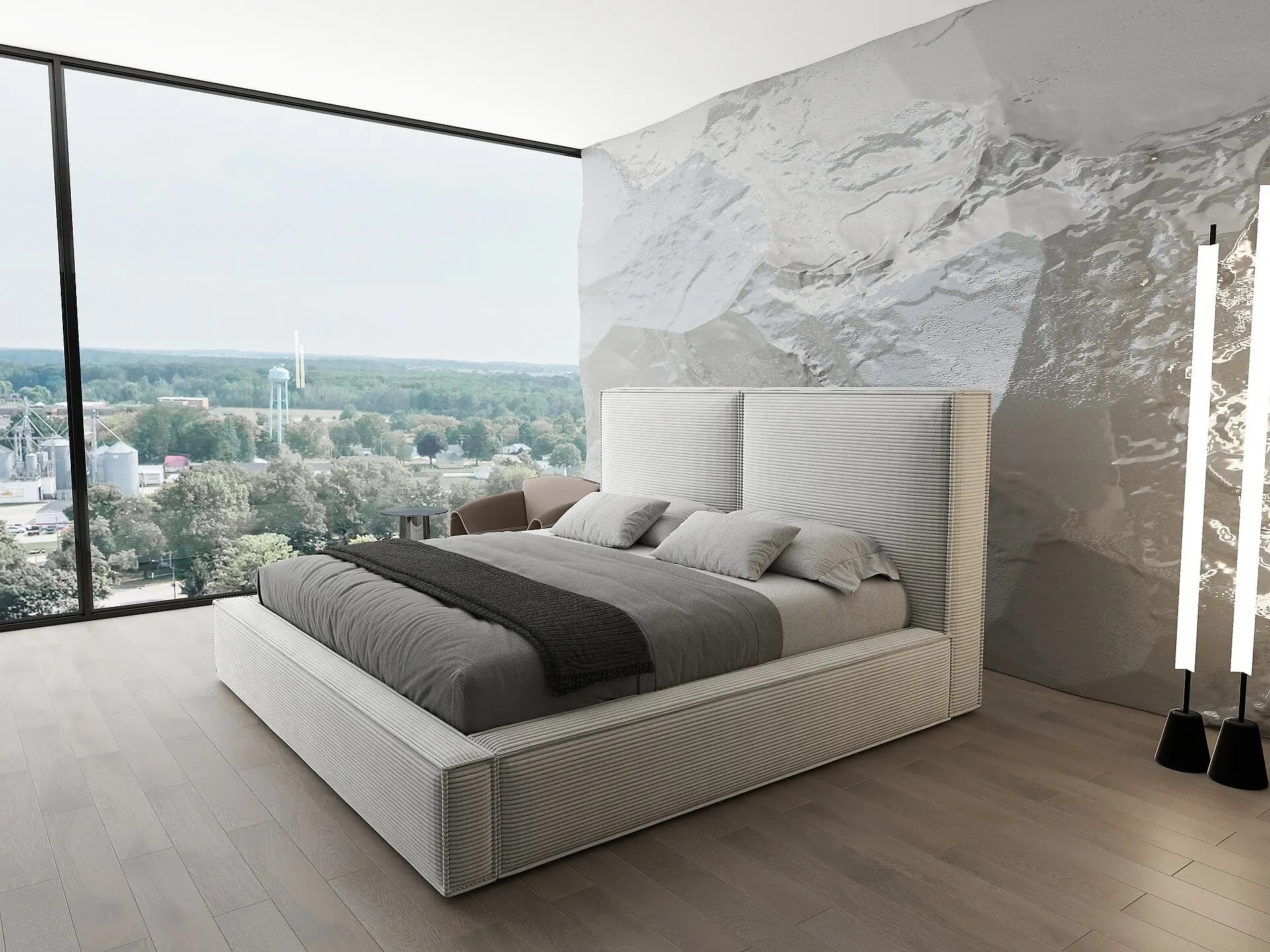 Pat dormitor dumonde, tapitat bej, Dreamer 160x200 cm, somiera rabatabila inclusa, spatiu depozitare WLS