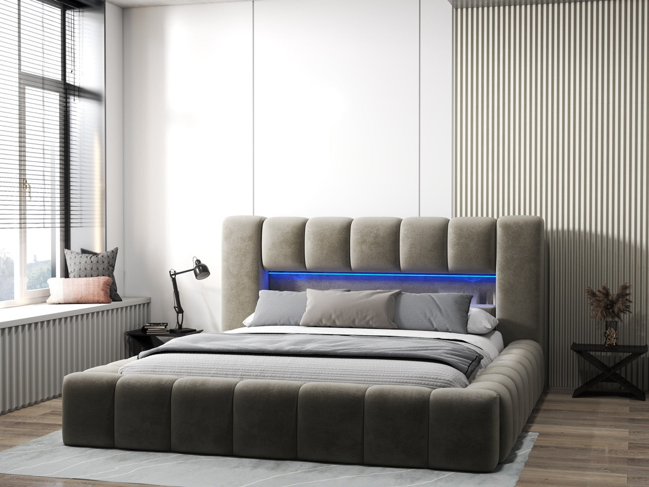 Pat dormitor dumonde, tapitat bej cu LED si USB, Palermo 160x200 cm, somiera rabatabila inclusa, spatiu depozitare WLS