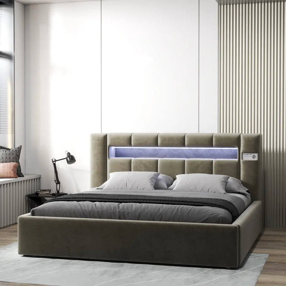 Pat dormitor dumonde, tapitat bej, Glow 160x200 cm, somiera rabatabila inclusa, spatiu depozitare WLS