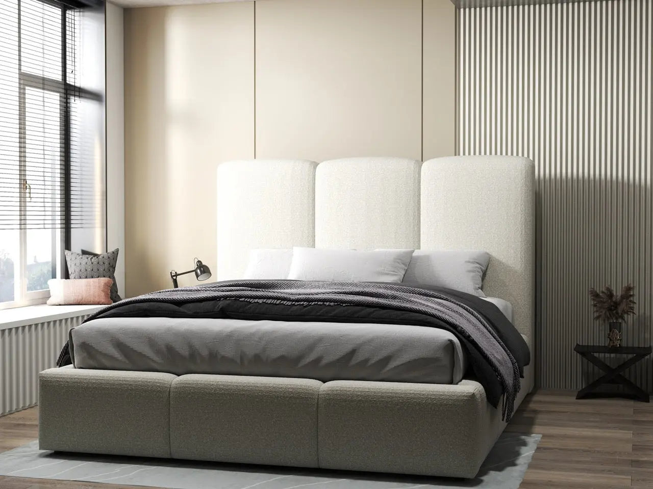 Pat dormitor dumonde, tapitat bej, Dinasty 180x200 cm, somiera rabatabila inclusa, spatiu depozitare WLS