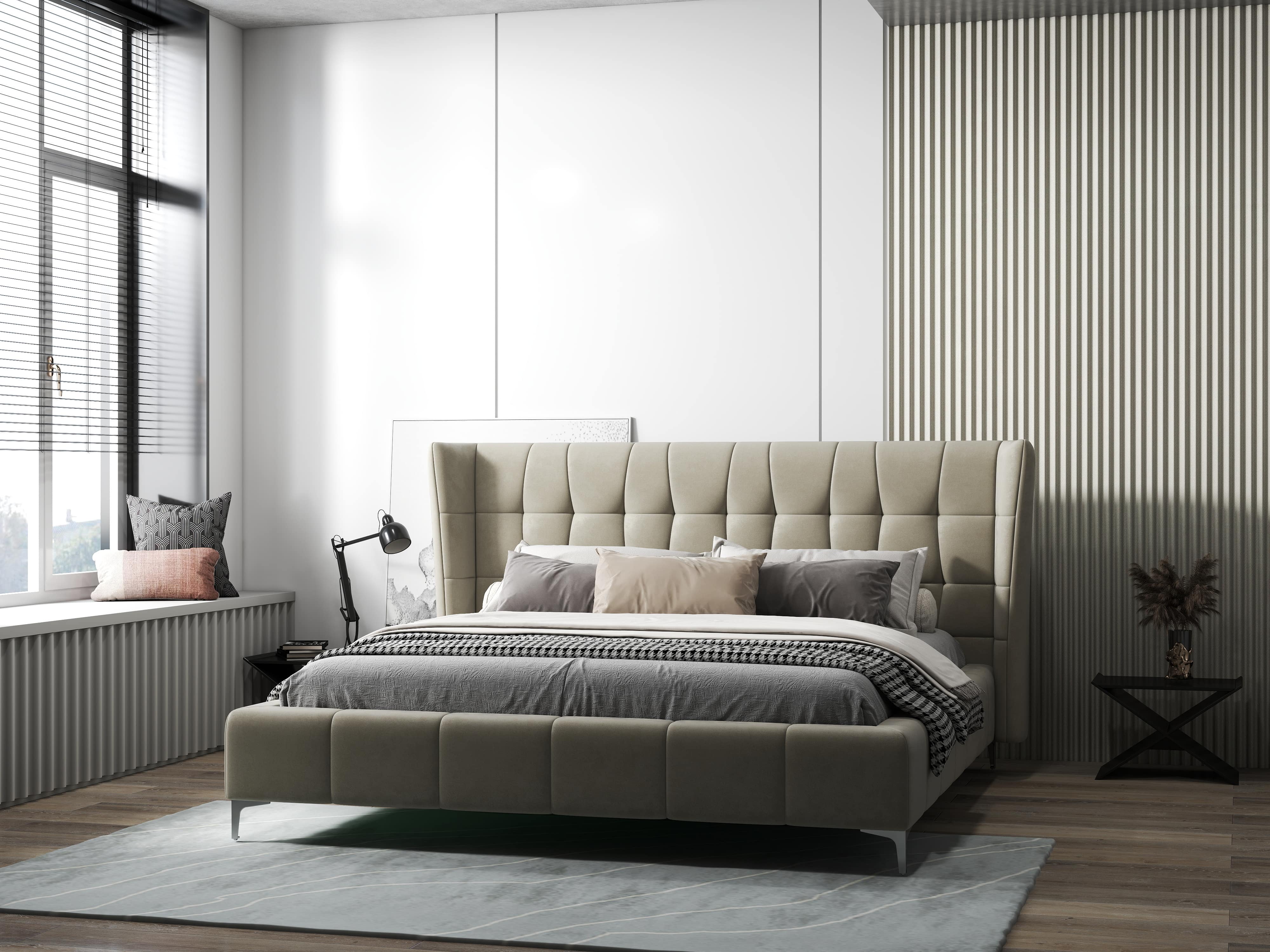 Pat dormitor dumonde, tapitat bej, Bellagio 160x200 cm, somiera fixa inclusa WLS