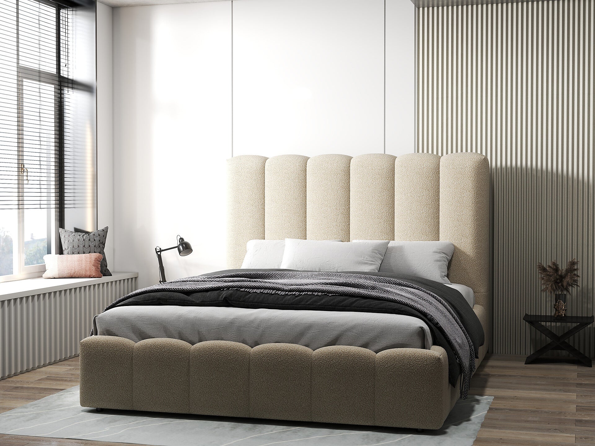 Pat dormitor dumonde, tapitat bej, Milano 160x200 cm, somiera rabatabila inclusa, spatiu depozitare