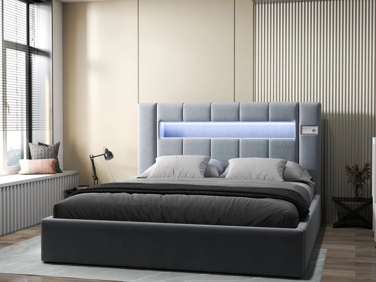 Pat dormitor dumonde, tapitat gri, Glow 180x200 cm, somiera rabatabila inclusa, spatiu depozitare WLS