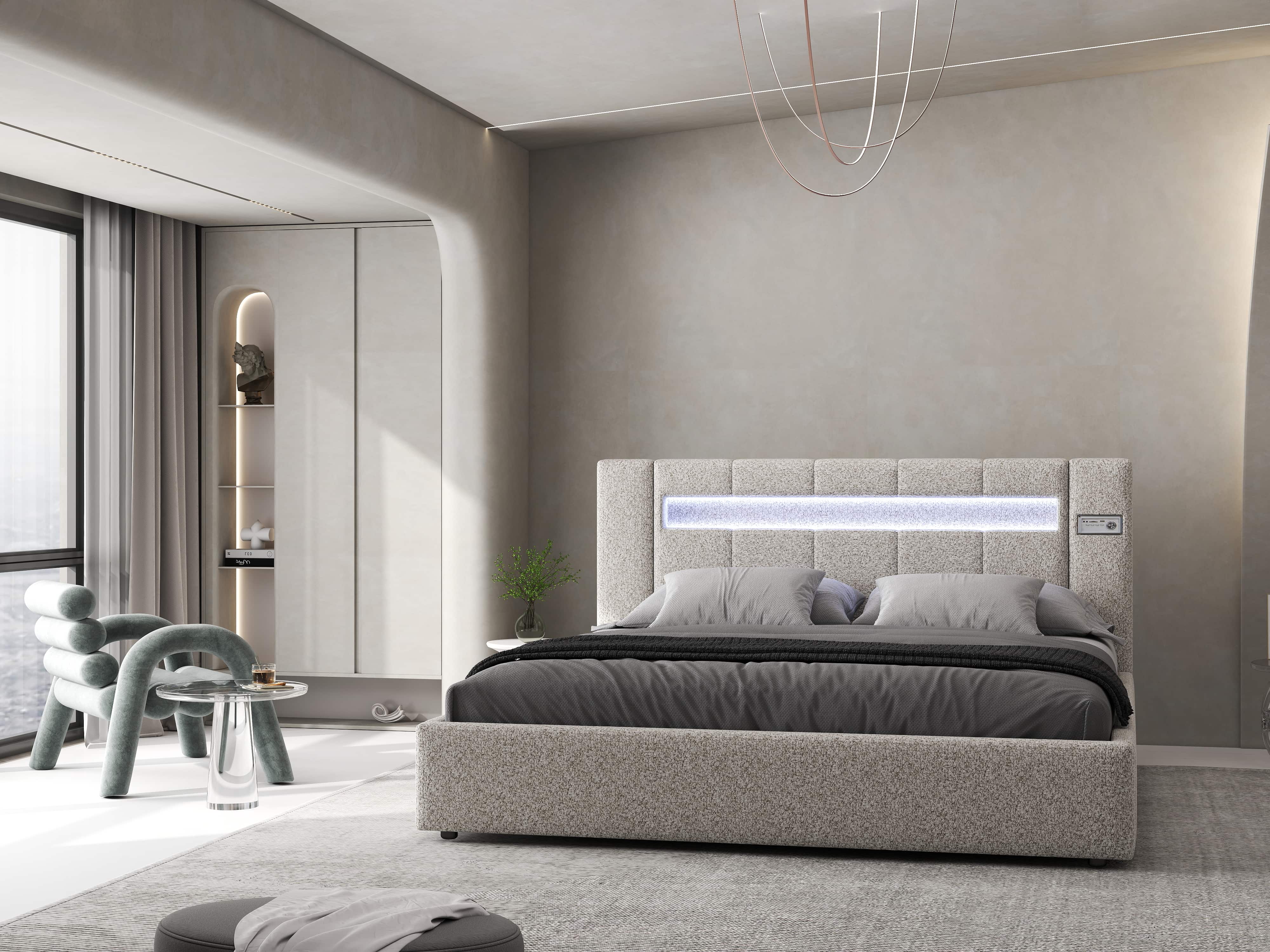 Pat dormitor dumonde, tapitat bej, Glow 160x200 cm, somiera rabatabila inclusa, spatiu depozitare WLS