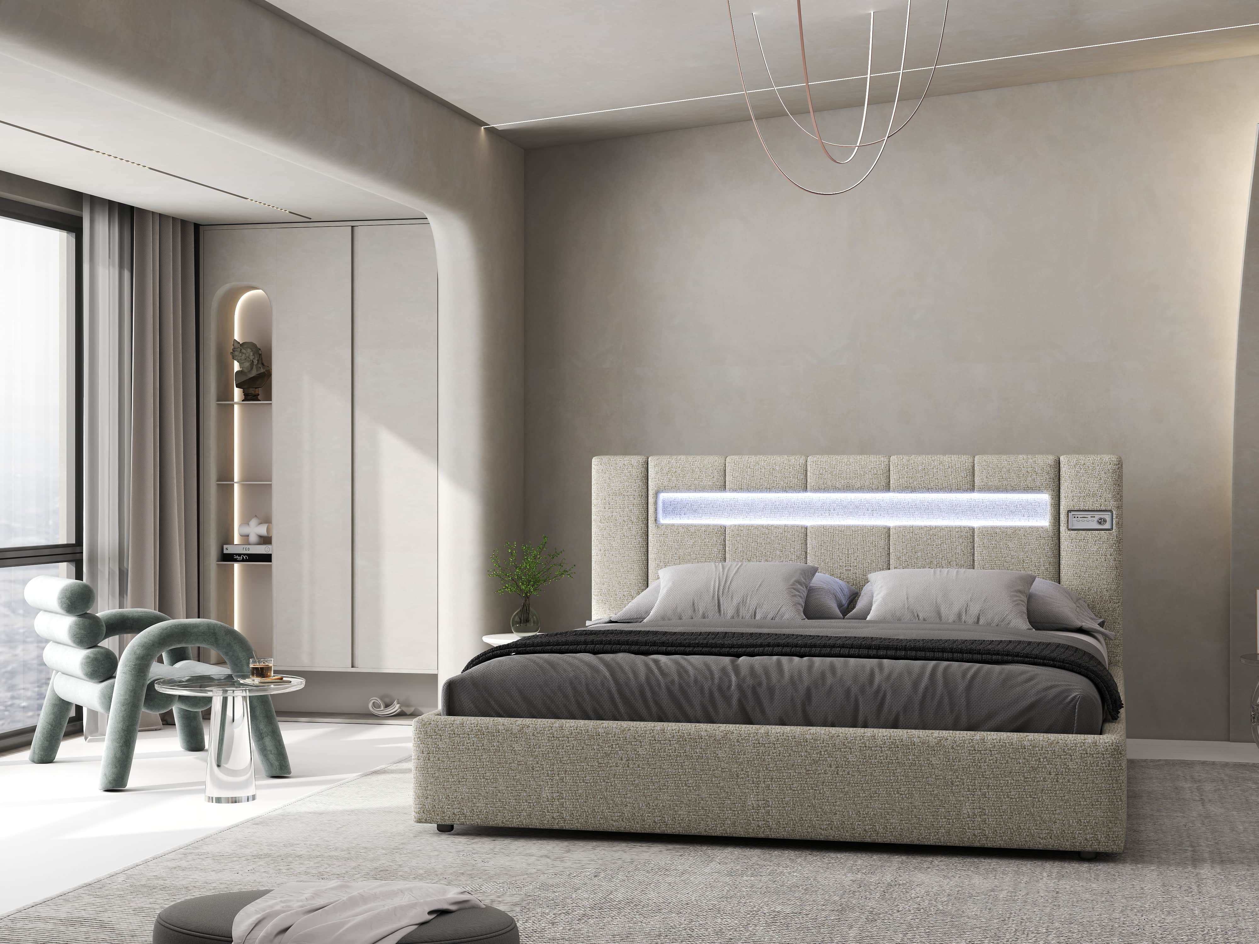 Pat dormitor dumonde, tapitat gri, Glow 180x200 cm, somiera rabatabila inclusa, spatiu depozitare WLS