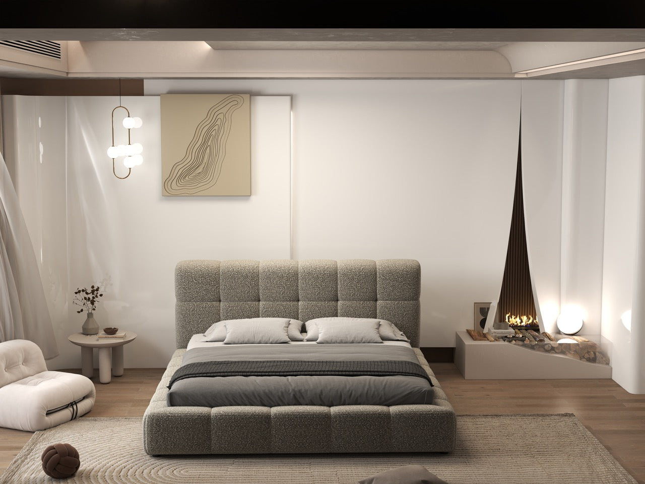 Pat dormitor dumonde, tapitat bej, Lorenzo 160x200 cm, somiera rabatabila inclusa, spatiu depozitare WLS