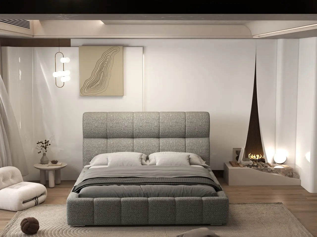 Pat dormitor dumonde, tapitat bej, Prestige 180x200 cm, somiera rabatabila inclusa, spatiu depozitare WLS