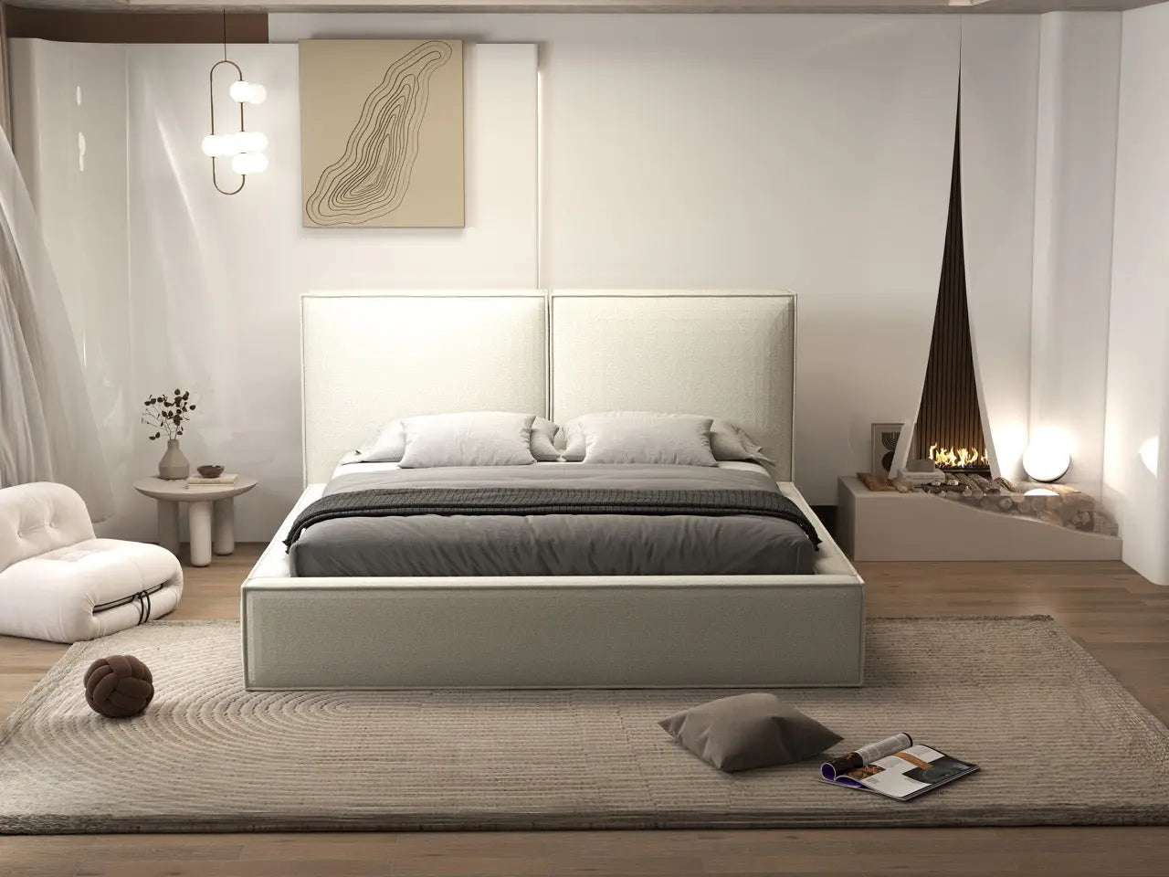 Pat dormitor dumonde, tapitat alb, Dreamer 160x200 cm, somiera rabatabila inclusa, spatiu depozitare WLS