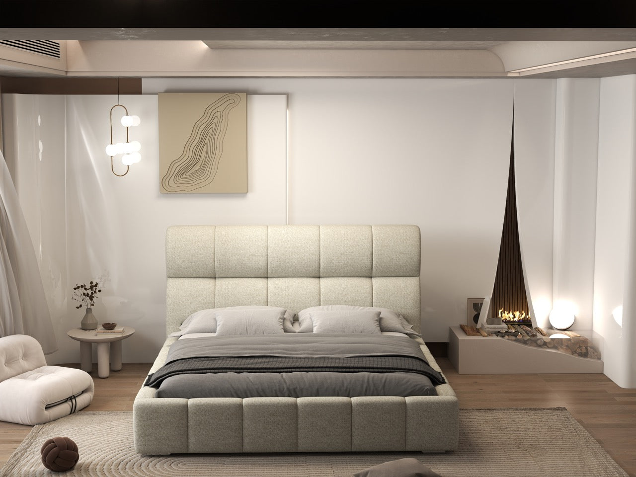 Pat dormitor dumonde, tapitat bej, Prestige 180x200 cm, somiera rabatabila inclusa, spatiu depozitare