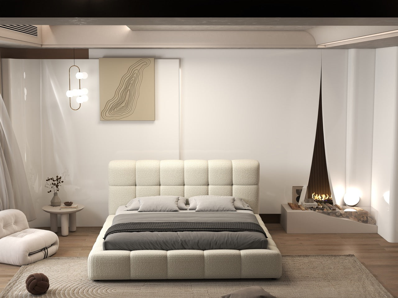 Pat dormitor dumonde, tapitat bej, Lorenzo 160x200 cm, somiera rabatabila inclusa, spatiu depozitare WLS