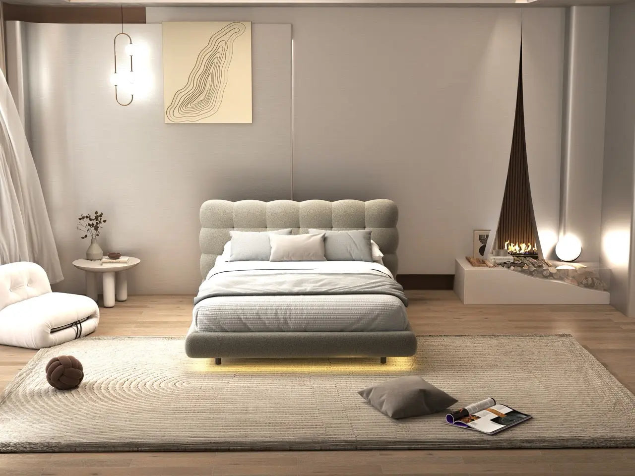 Pat dormitor dumonde, tapitat bej cu LED, "floating bed" Cloud 160x200 cm, somiera inclusa WLS