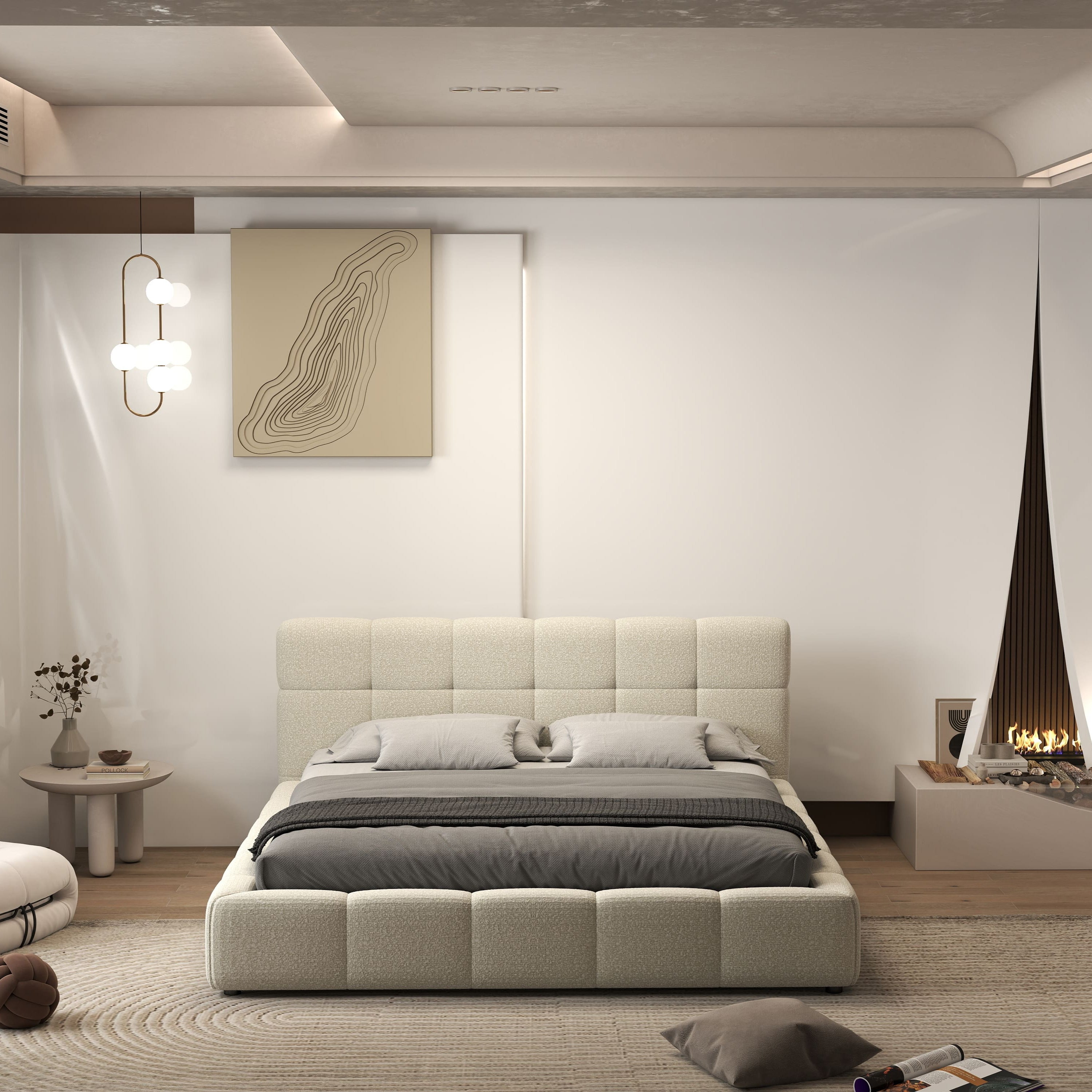 Pat dormitor dumonde, tapitat bej, Lorenzo 140x200 cm, somiera rabatabila inclusa, spatiu depozitare WLS