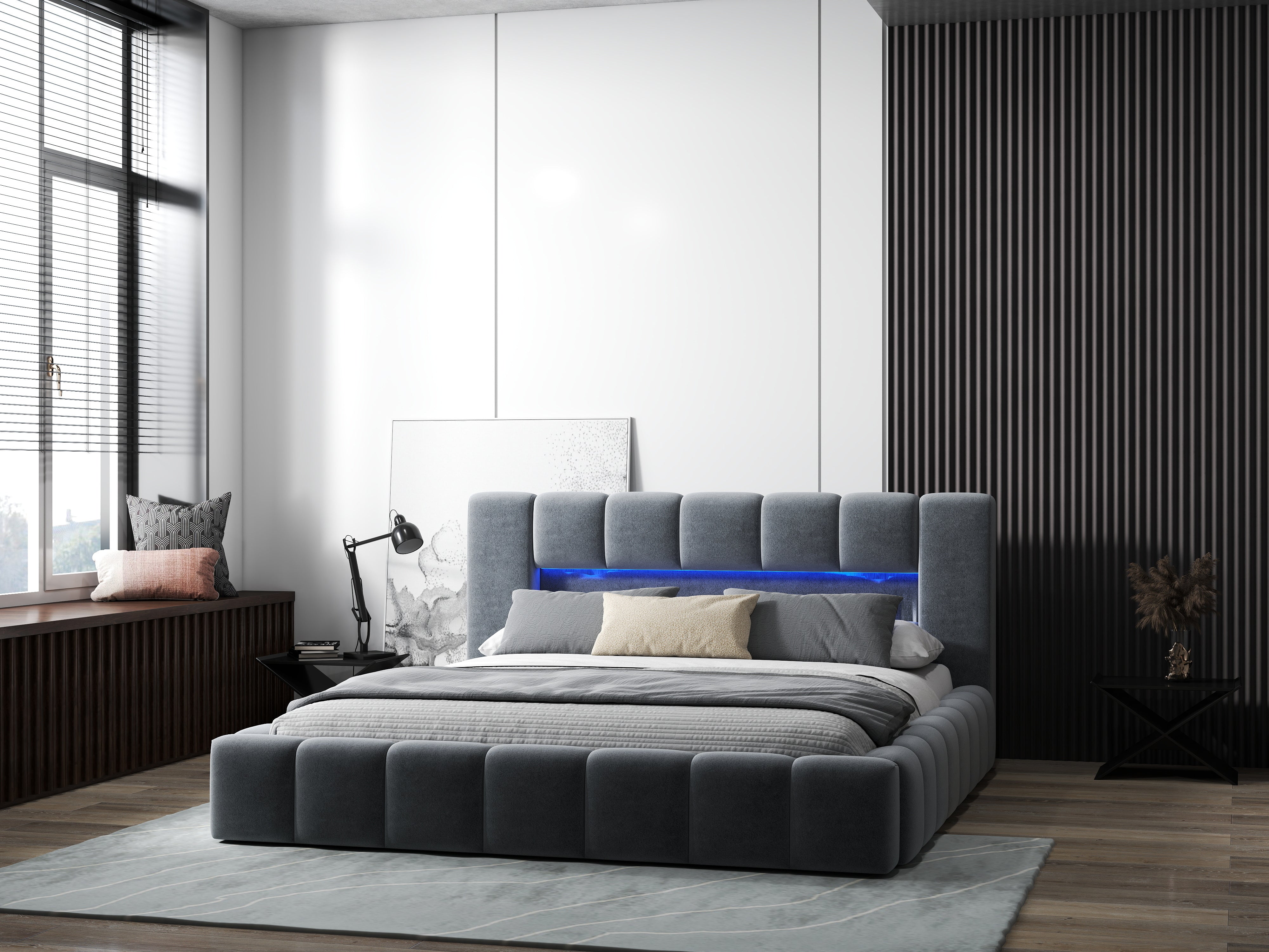 Pat dormitor dumonde, tapitat gri cu LED si USB, Palermo 180x200 cm, somiera rabatabila inclusa, spatiu depozitare WLS