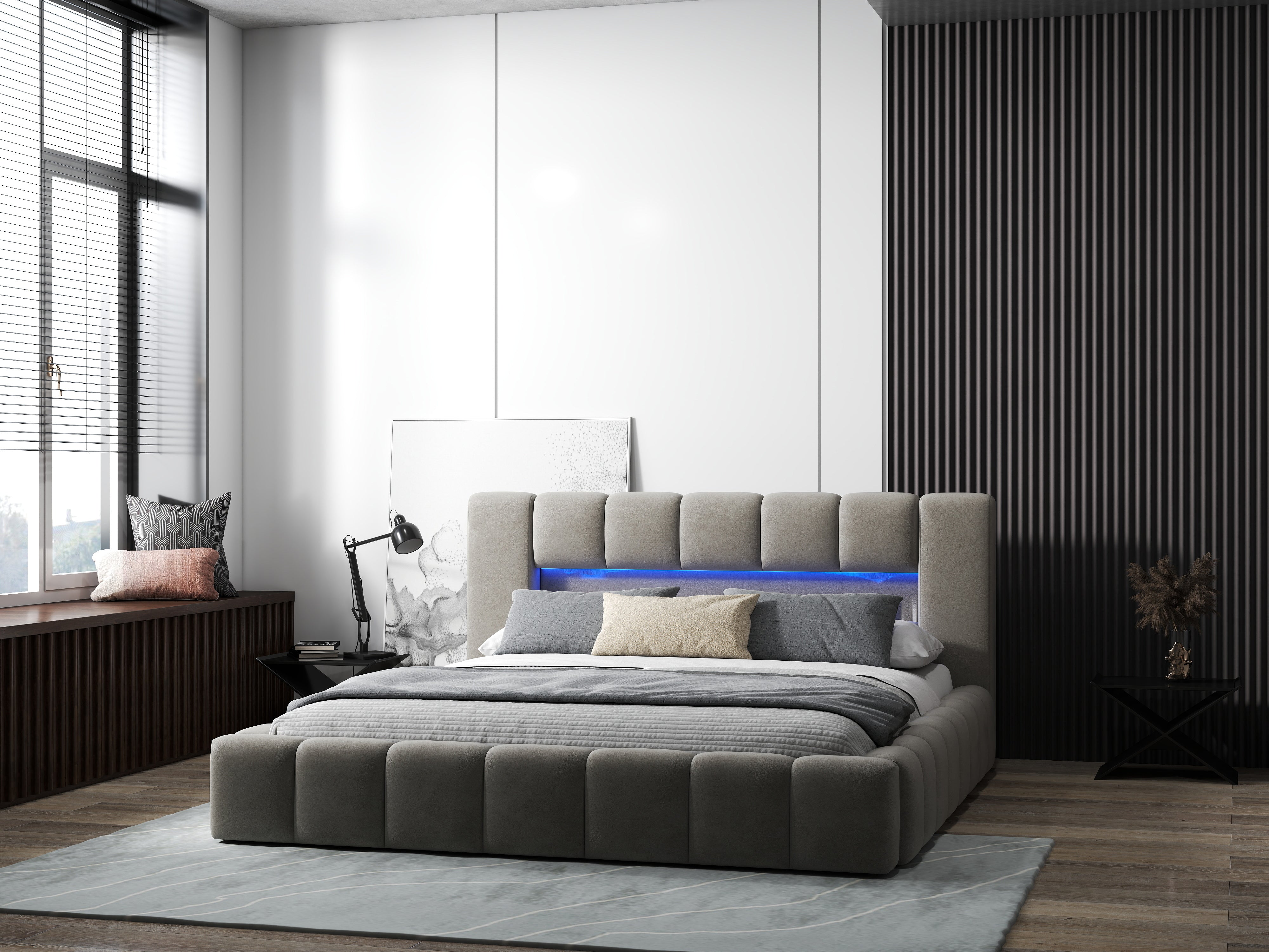 Pat dormitor dumonde, tapitat bej cu LED si USB, Palermo 140x200 cm, somiera rabatabila inclusa, spatiu depozitare WLS