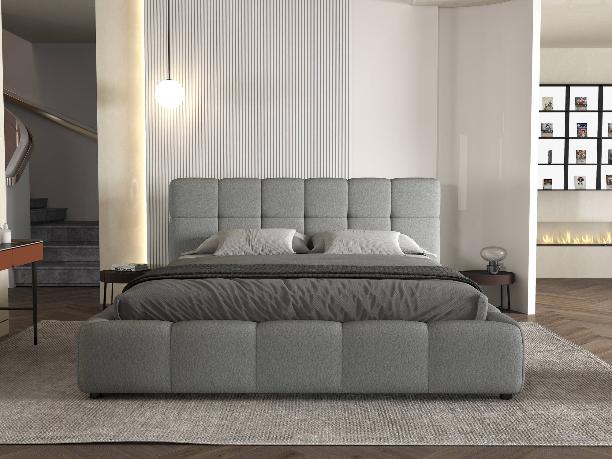 Pat dormitor dumonde, tapitat gri, Lorenzo 180X200 cm, somiera rabatabila inclusa, spatiu depozitare
